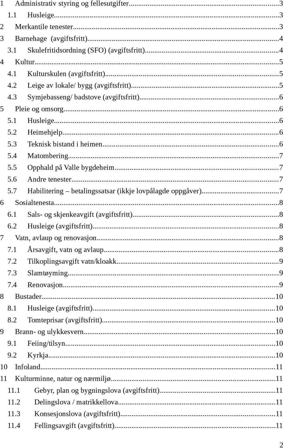 ..6 5.4 Matombering...7 5.5 Opphald på Valle bygdeheim...7 5.6 Andre tenester...7 5.7 Habilitering betalingssatsar (ikkje lovpålagde oppgåver)...7 6 Sosialtenesta...8 6.