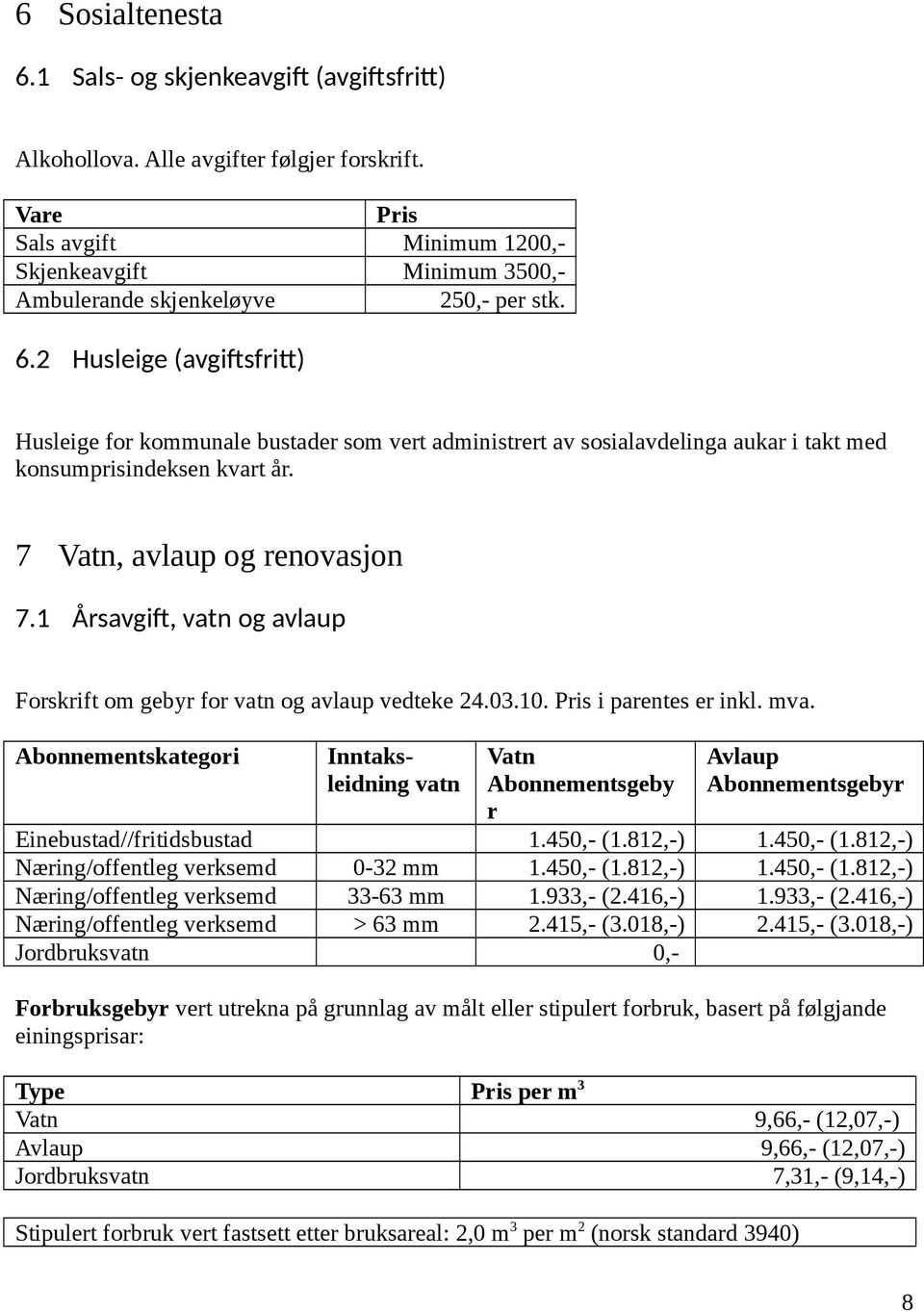 2 Husleige (avgiftsfritt) Husleige for kommunale bustader som vert administrert av sosialavdelinga aukar i takt med konsumprisindeksen kvart år. 7 Vatn, avlaup og renovasjon 7.