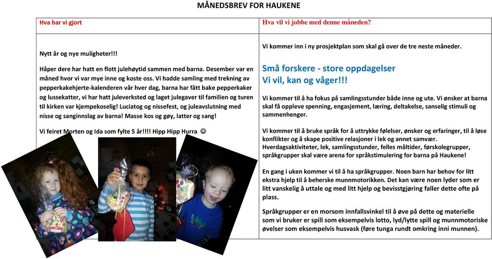 Vi hadde samling med trekning av pepperkakehjerte-kalenderen vår hver dag, barna har fått bake pepperkaker og lussekatter, vi har hatt juleverksted og laget julegaver til familien og turen til kirken