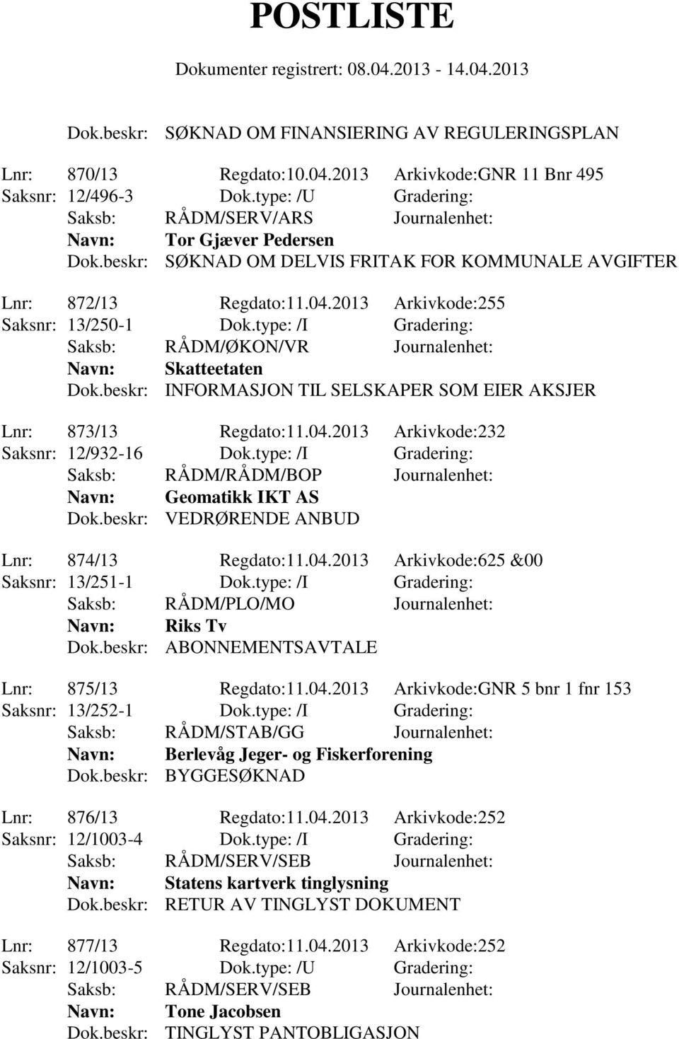 2013 Arkivkode:255 Saksnr: 13/250-1 Dok.type: /I Gradering: Saksb: RÅDM/ØKON/VR Journalenhet: Navn: Skatteetaten Dok.beskr: INFORMASJON TIL SELSKAPER SOM EIER AKSJER Lnr: 873/13 Regdato:11.04.