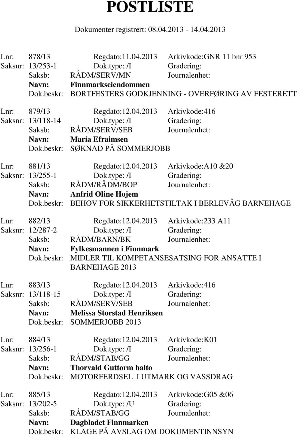 beskr: SØKNAD PÅ SOMMERJOBB Lnr: 881/13 Regdato:12.04.2013 Arkivkode:A10 &20 Saksnr: 13/255-1 Dok.type: /I Gradering: Navn: Anfrid Oline Hojem Dok.