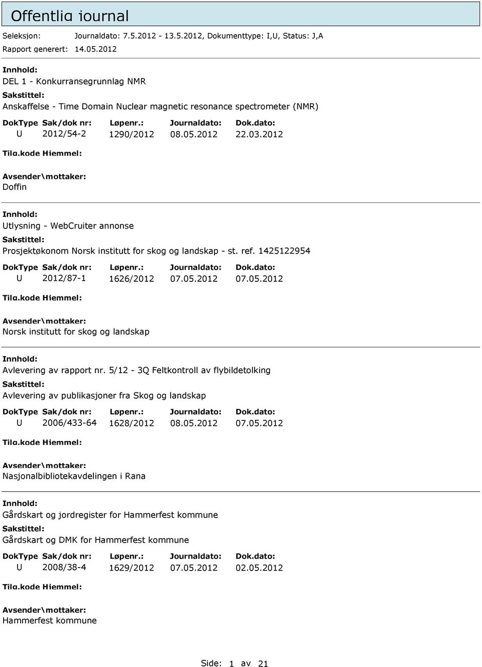 2012 Doffin tlysning - WebCruiter annonse 2012/87-1 1626/2012 Norsk institutt for skog og landskap vlevering av rapport nr.