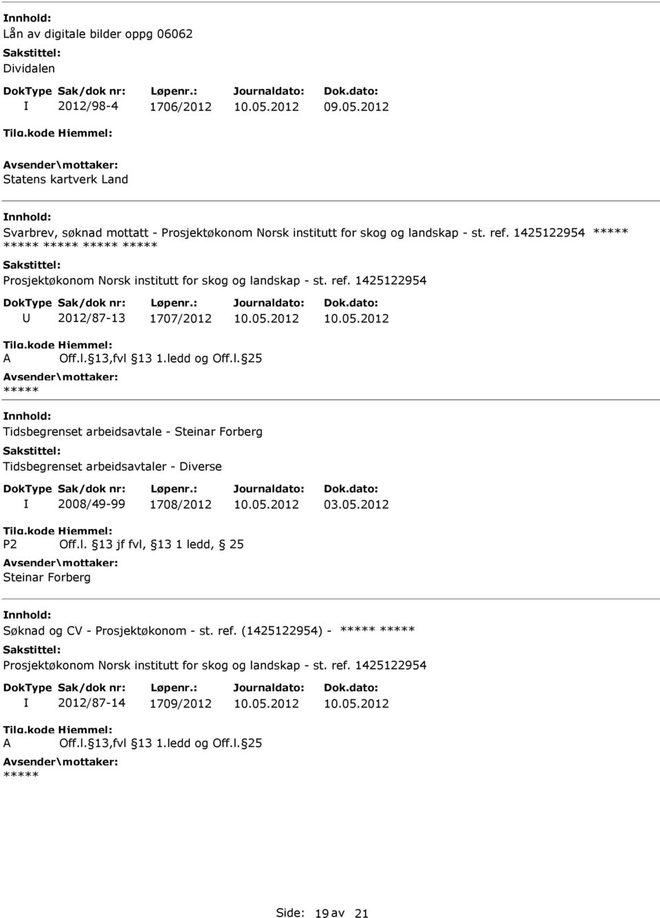 arbeidsavtaler - Diverse 2008/49-99 1708/2012 03.05.2012 P2 Off.l. 13 jf fvl, 13 1 ledd, 25 Steinar Forberg Søknad og CV - Prosjektøkonom - st.