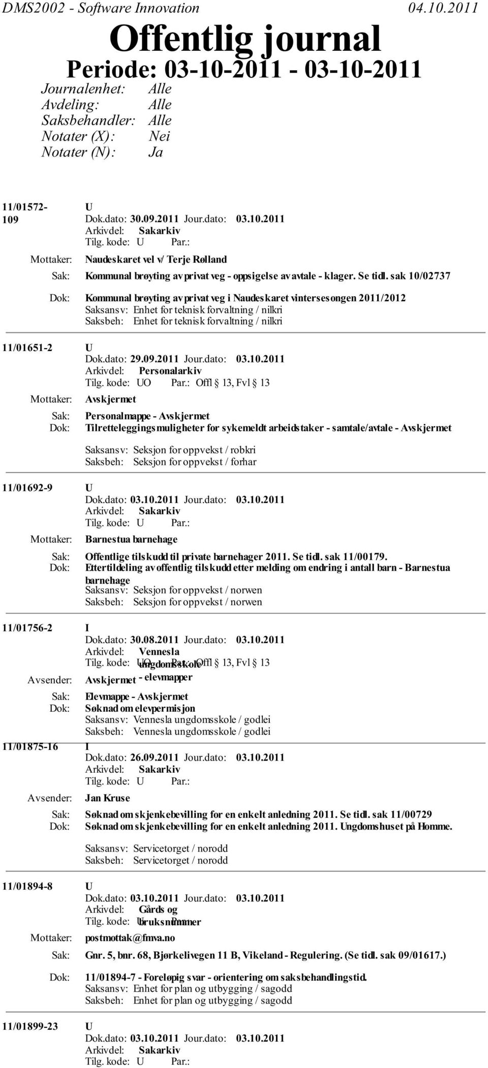 sak 10/02737 Kommunal brøyting av privat veg i Naudeskaret vintersesongen 2011/2012 11/01651-2 U Tilg.