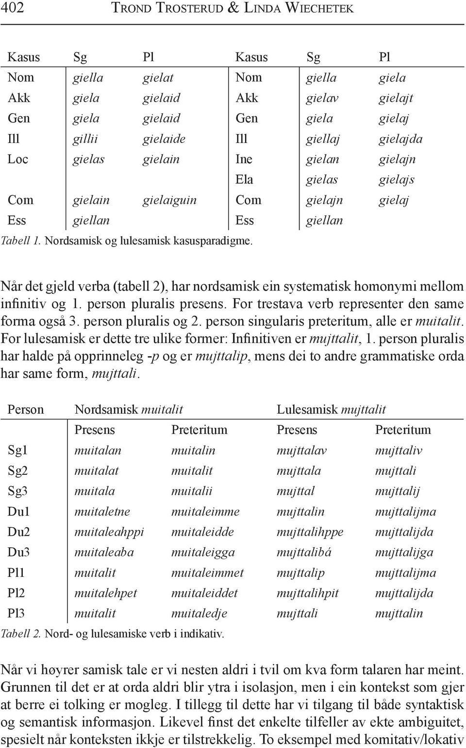 Når det gjeld verba (tabell 2), har nordsamisk ein systematisk homonymi mellom infinitiv og 1. person pluralis presens. For trestava verb representer den same forma også 3. person pluralis og 2.