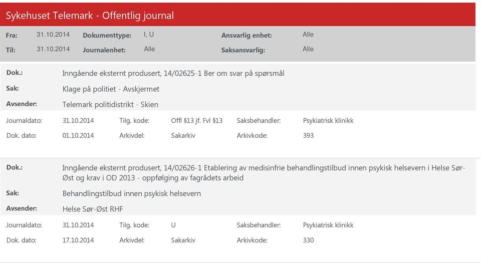 2014 Arkivdel: Sakarkiv Arkivkode: 393 Inngående eksternt produsert, 14/02626-1 Etablering av medisinfrie behandlingstilbud