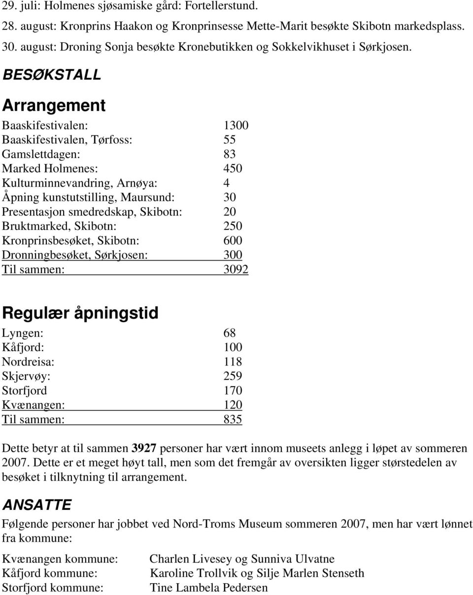 BESØKSTALL Arrangement Baaskifestivalen: 1300 Baaskifestivalen, Tørfoss: 55 Gamslettdagen: 83 Marked Holmenes: 450 Kulturminnevandring, Arnøya: 4 Åpning kunstutstilling, Maursund: 30 Presentasjon