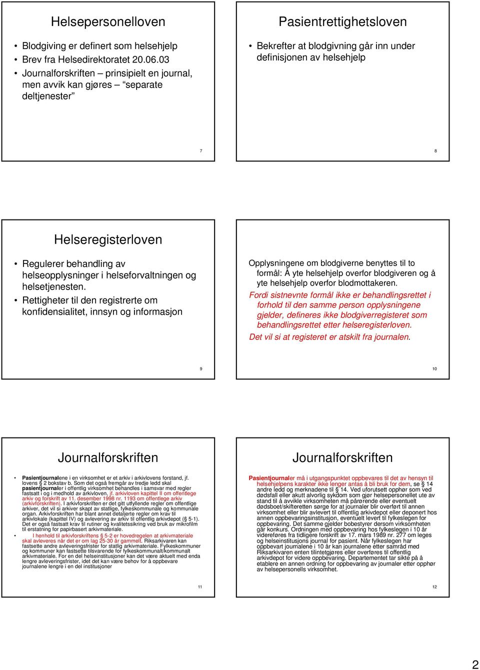 Helseregisterloven Regulerer behandling av helseopplysninger i helseforvaltningen og helsetjenesten.