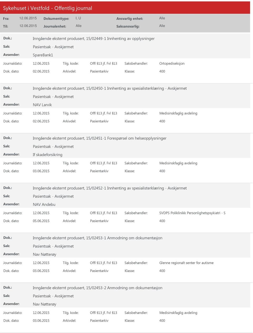 2015 Arkivdel: Pasientarkiv Inngående eksternt produsert, 15/02451-1 Forespørsel om helseopplysninger Pasientsak - If skadeforsikring Medisinskfaglig avdeling Dok. dato: 03.06.