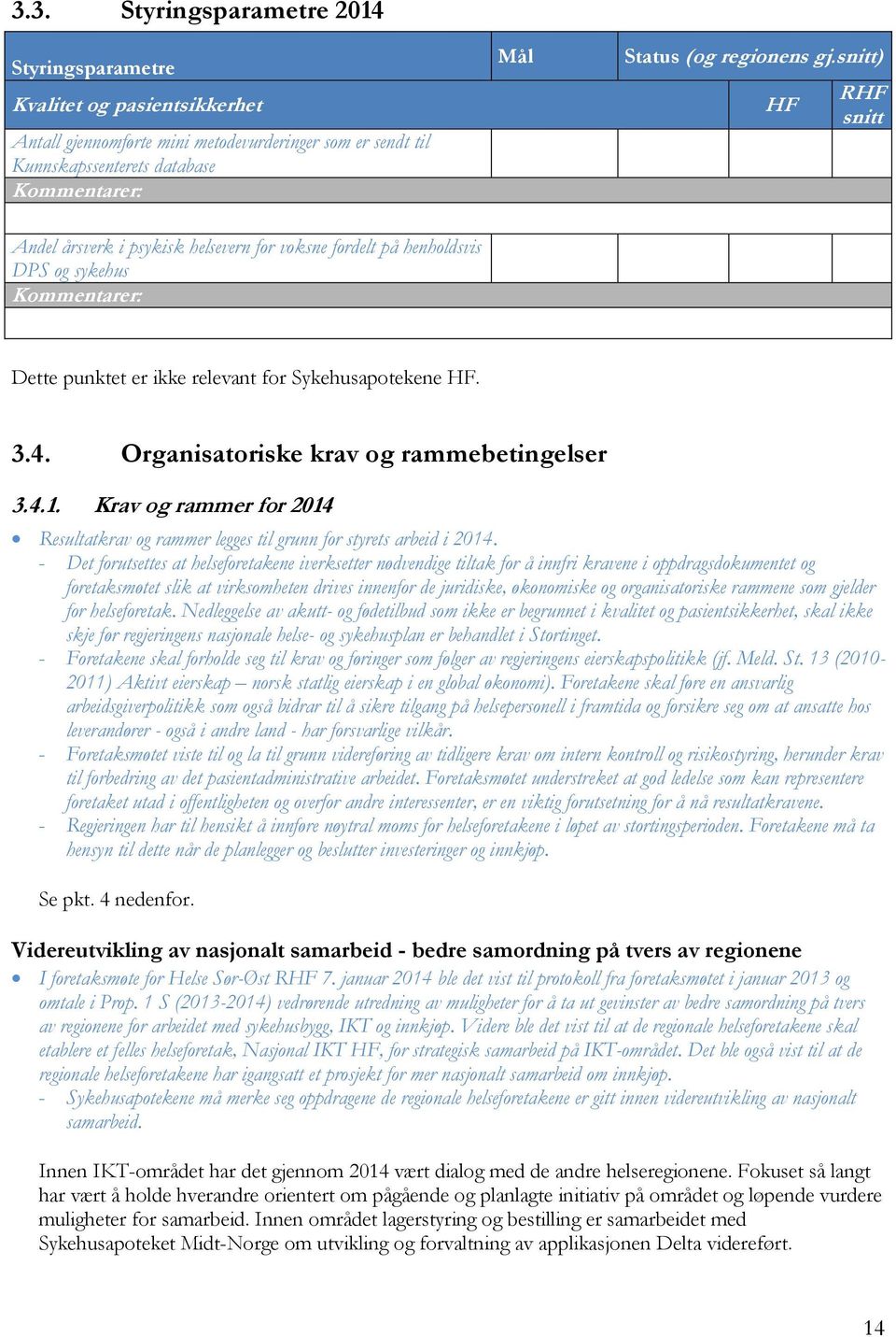 Organisatoriske krav og rammebetingelser 3.4.1. Krav og rammer for 2014 Resultatkrav og rammer legges til grunn for styrets arbeid i 2014.