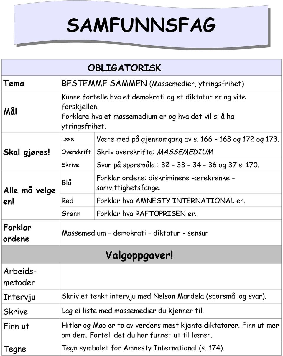 Overskrift Skriv overskrifta: MASSEMEDIUM Svar på spørsmåla : 32 33 34 36 og 37 s. 170. Alle må velge en!