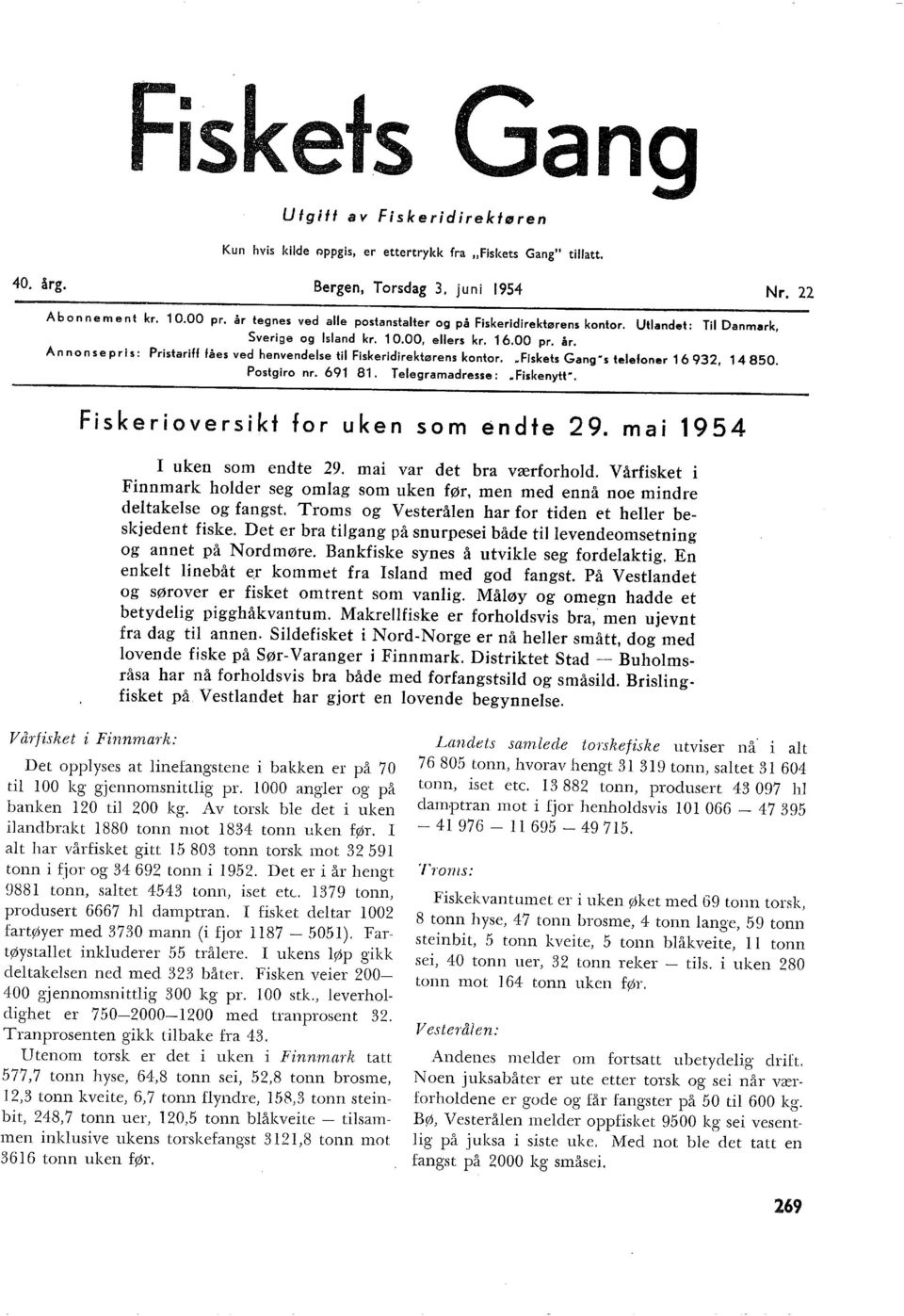 Ann on se pris: Pristariff fåes ved henvendese ti Fiskeridirektørens kontor..fiskets Gang s teefoner 16 932, 14 850. Postgiro nr. 691 81. Teegramadresse:.Fiskenytt.