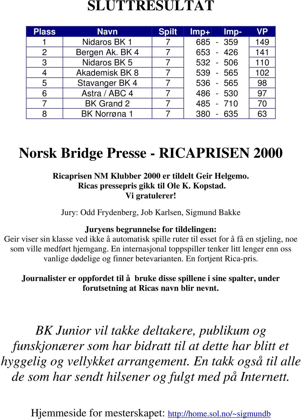 Bridge Presse - RICAPRISEN 2000 Ricaprisen NM Klubber 2000 er tildelt Geir Helgemo. Ricas pressepris gikk til Ole K. Kopstad. Vi gratulerer!