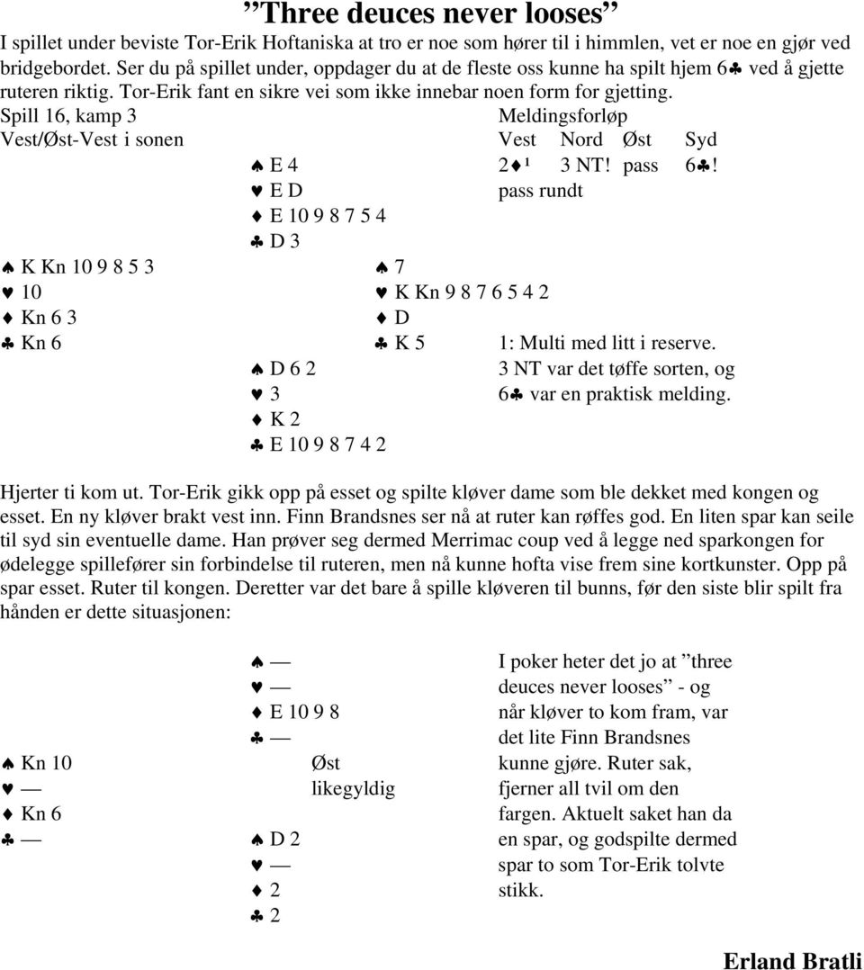 Spill 16, kamp 3 Meldingsforløp Vest/Øst-Vest i sonen Vest Nord Øst Syd E 4 2 ¹ 3 NT! pass 6!