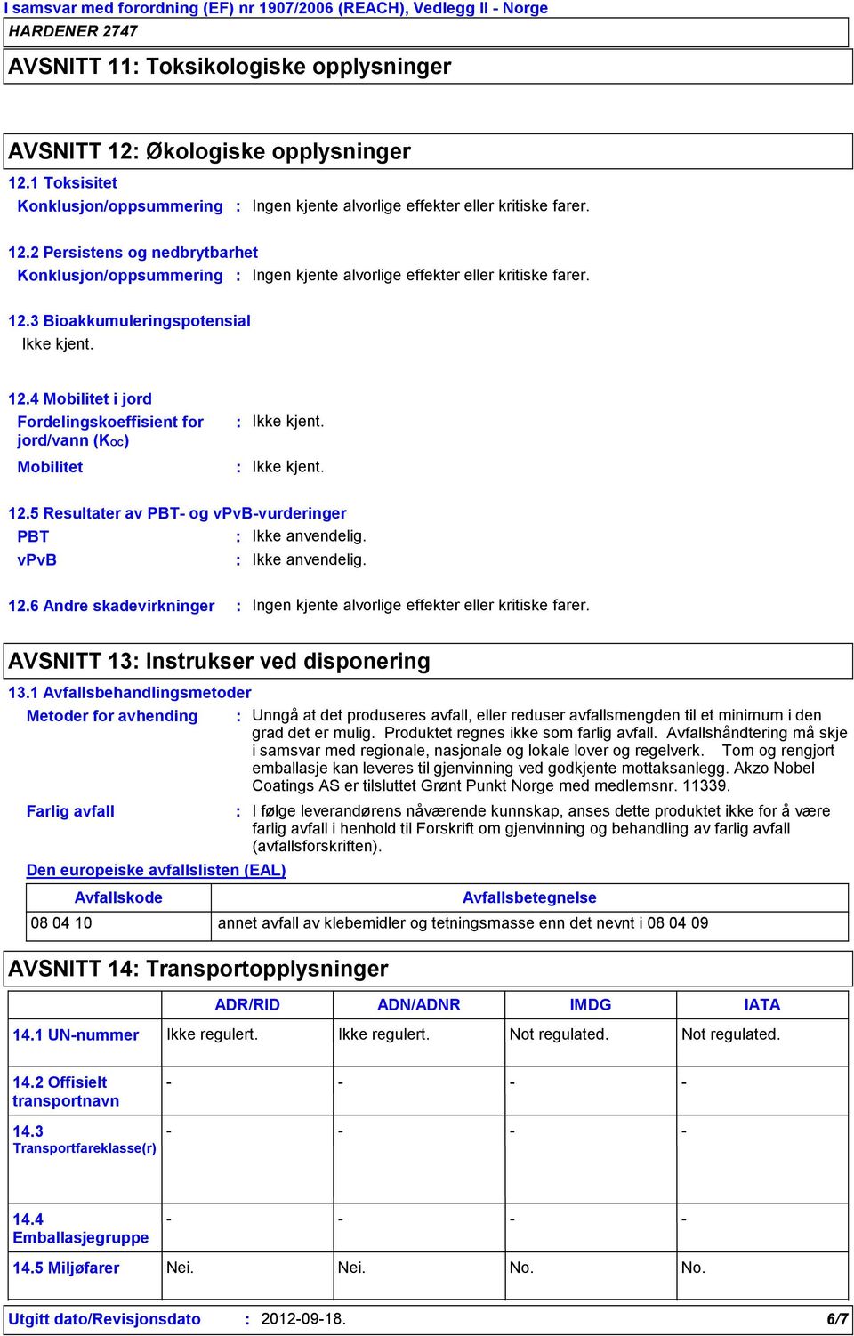 5 Resultater av PBT og vpvbvurderinger PBT vpvb 12.6 Andre skadevirkninger AVSNITT 13 Instrukser ved disponering 13.