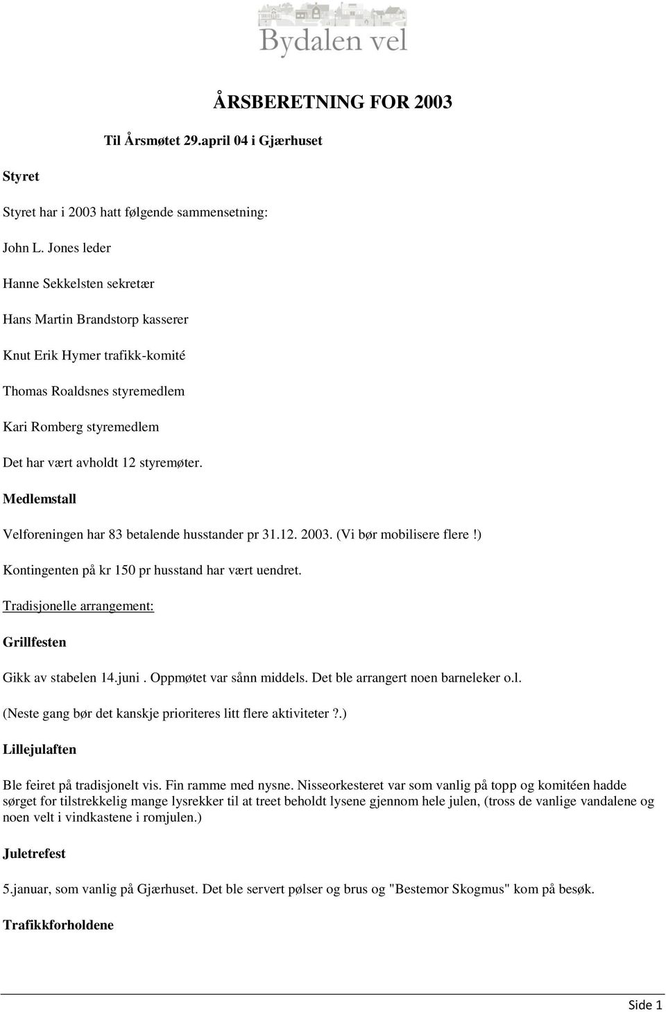 Medlemstall Velforeningen har 83 betalende husstander pr 31.12. 2003. (Vi bør mobilisere flere!) Kontingenten på kr 150 pr husstand har vært uendret.