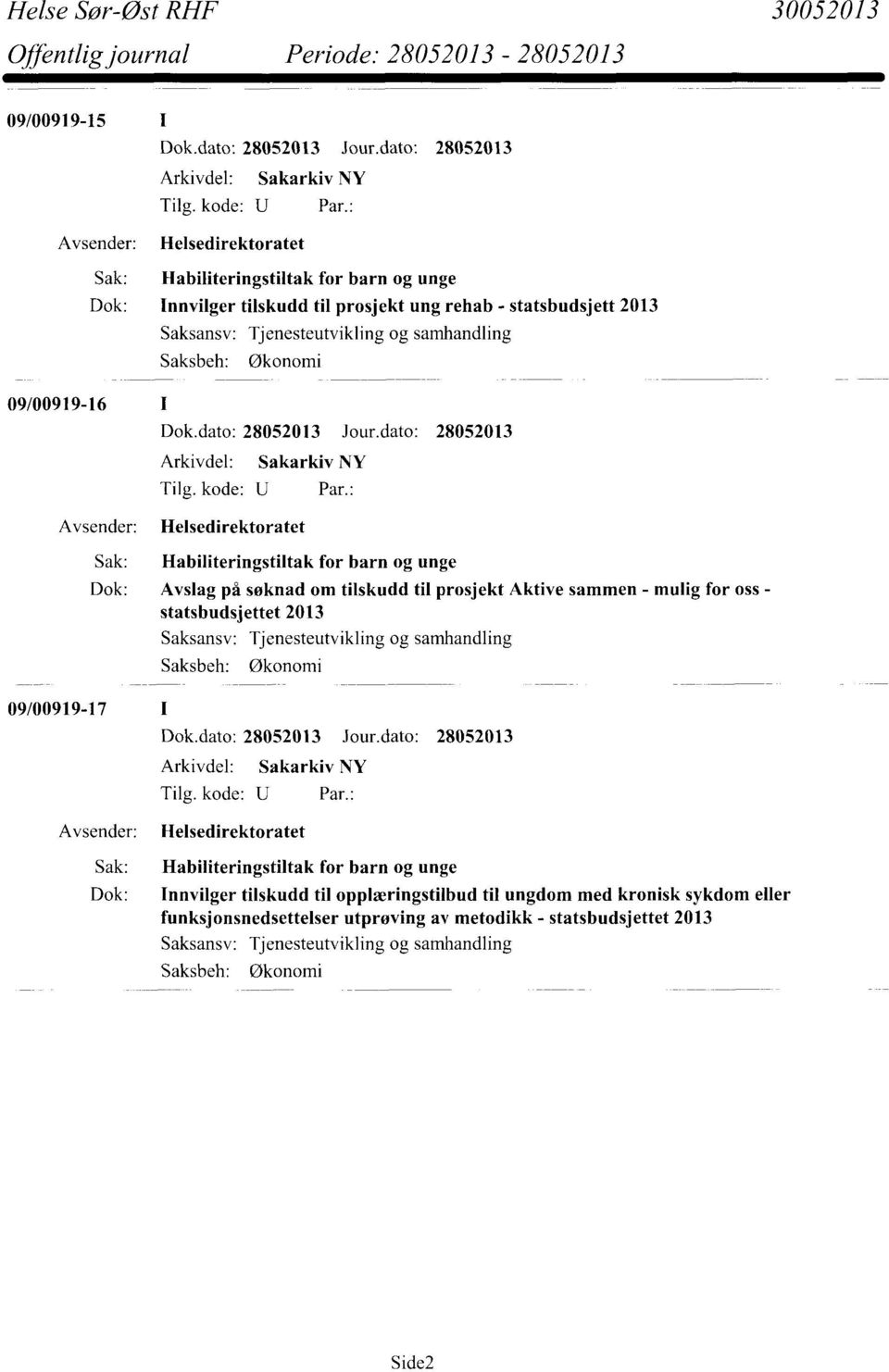 Aktive sammen - mulig for oss - statsbudsjettet 2013 Saksansv: Tjenesteutvikling og samhandling Saksbeh: Økonomi 09/00919-17 Helsedirektoratet Sak: Habiliteringstiltak for barn og unge Dok: