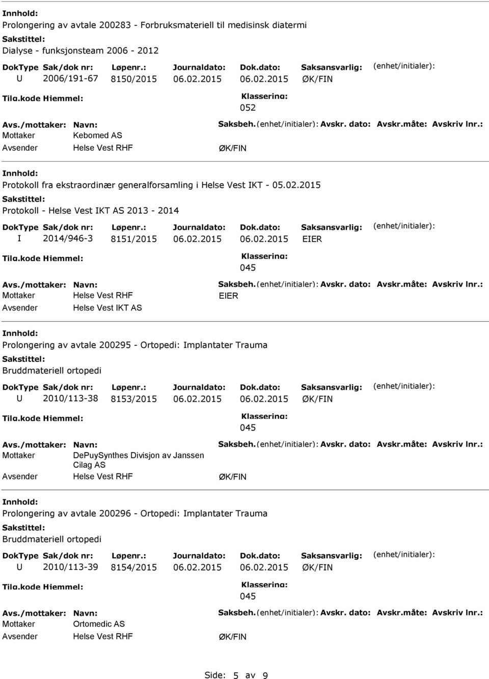 Vest KT AS Prolongering av avtale 200295 - Ortopedi: mplantater Trauma Bruddmateriell ortopedi 2010/113-38 8153/2015 045 Mottaker DePuySynthes Divisjon