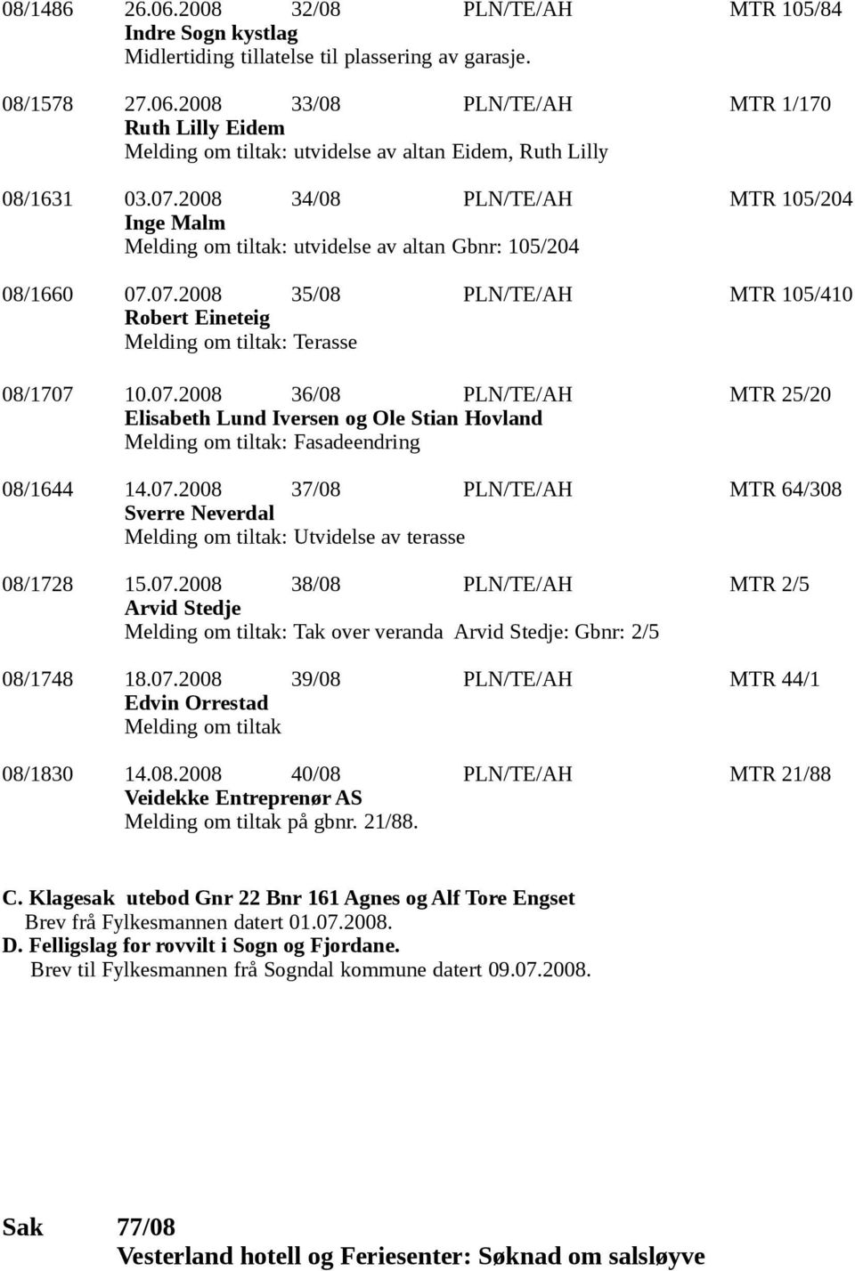 07.2008 36/08 PLN/TE/AH MTR 25/20 Elisabeth Lund Iversen og Ole Stian Hovland Melding om tiltak: Fasadeendring 08/1644 14.07.2008 37/08 PLN/TE/AH MTR 64/308 Sverre Neverdal Melding om tiltak: Utvidelse av terasse 08/1728 15.