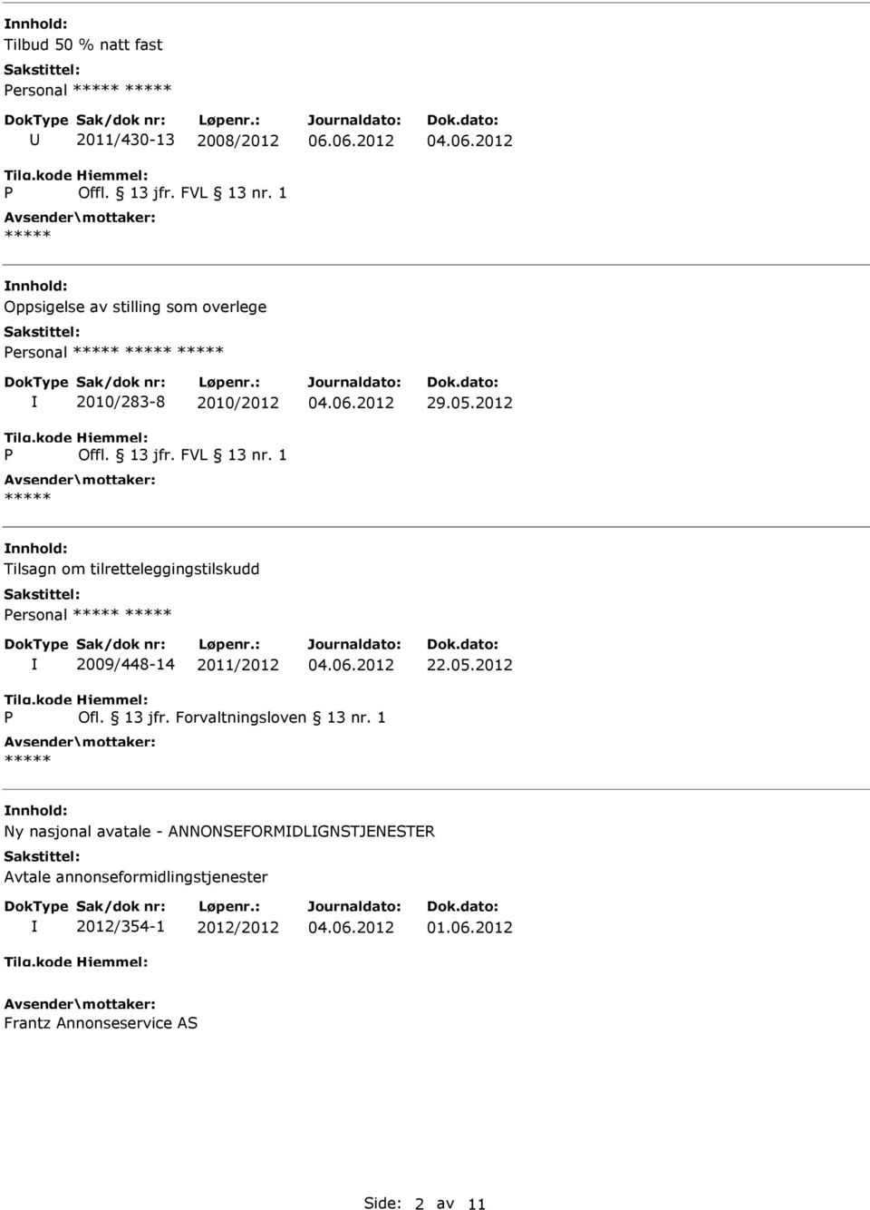 2012 Tilsagn om tilretteleggingstilskudd ersonal 2009/448-14 2011/2012 22.05.2012 Ofl. 13 jfr.