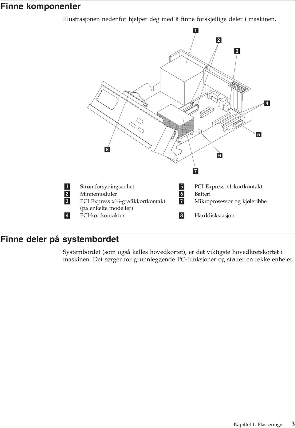 kjøleribbe (på enkelte modeller) 4 PCI-kortkontakter 8 Harddiskstasjon Finne deler på systembordet Systembordet (som også kalles