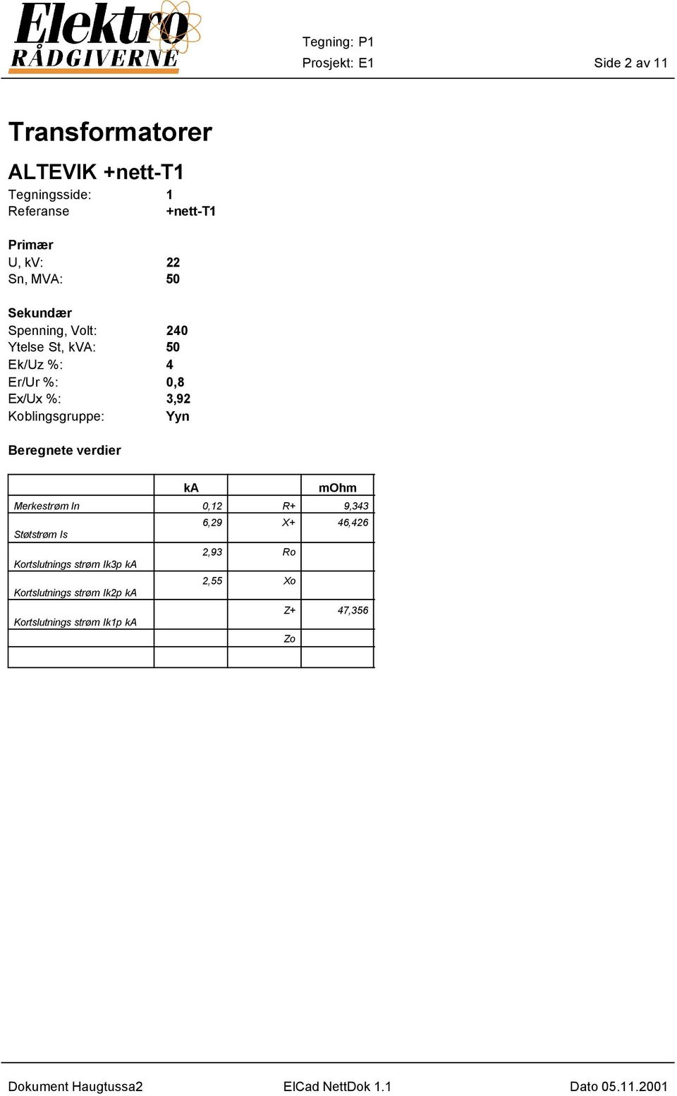 %: 3,92 Koblingsgruppe: Yyn Beregnete verdier ka mohm Merkestrøm In 0,12 R+ 9,343 6,29 X+ 46,426 Støtstrøm