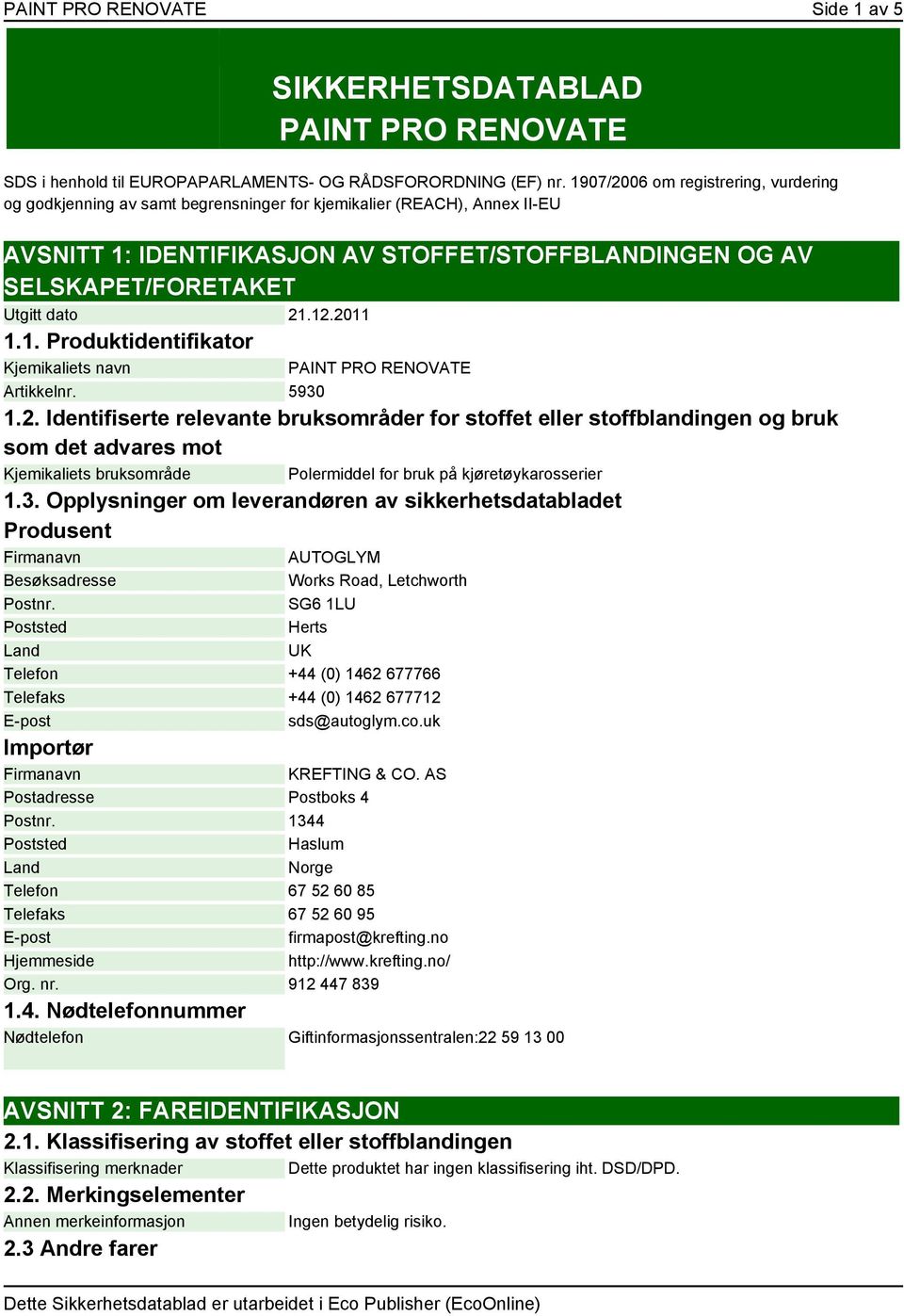 dato 21.12.2011 1.1. Produktidentifikator Kjemikaliets navn PAINT PRO RENOVATE Artikkelnr. 5930 1.2. Identifiserte relevante bruksområder for stoffet eller stoffblandingen og bruk som det advares mot Kjemikaliets bruksområde Polermiddel for bruk på kjøretøykarosserier 1.