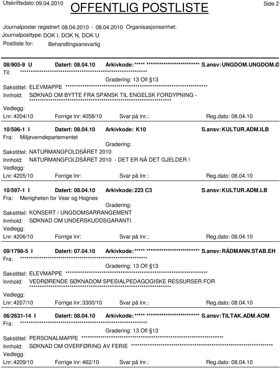 ØAG Til: ************************************************************ 13 Ofl 13 Sakstittel: ELEVMAPPE Innhold: SØKNAD OM BYTTE FRA SPANSK TIL ENGELSK FORDYPNING - Lnr: 4204/10 Forrige lnr: 4058/10