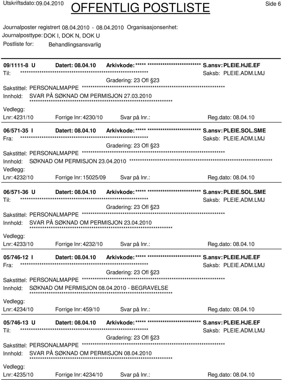 ansv: PLEIE.SOL.SME Saksb: PLEIE.ADM.LMJ 23 Ofl 23 Innhold: SØKNAD OM PERMISJON 23.04.2010 Lnr: 4232/10 Forrige lnr: 15025/09 Svar på lnr.: Reg.dato: 08.04.10 06/571-36 U Datert: 08.04.10 Arkivkode:***** ****************************** S.
