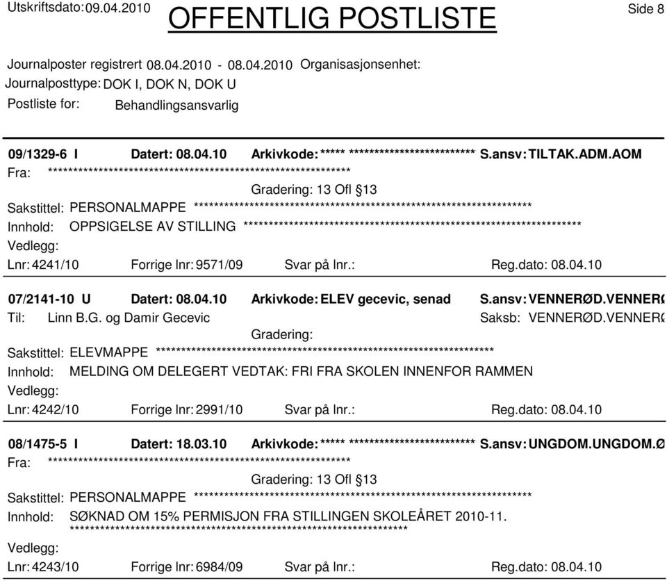 VENNERØD.IFA Til: Linn B.G. og Damir Gecevic Saksb: VENNERØD.VENNERØD.UN Sakstittel: ELEVMAPPE Innhold: MELDING OM DELEGERT VEDTAK: FRI FRA SKOLEN INNENFOR RAMMEN Lnr: 4242/10 Forrige lnr: 2991/10 Svar på lnr.