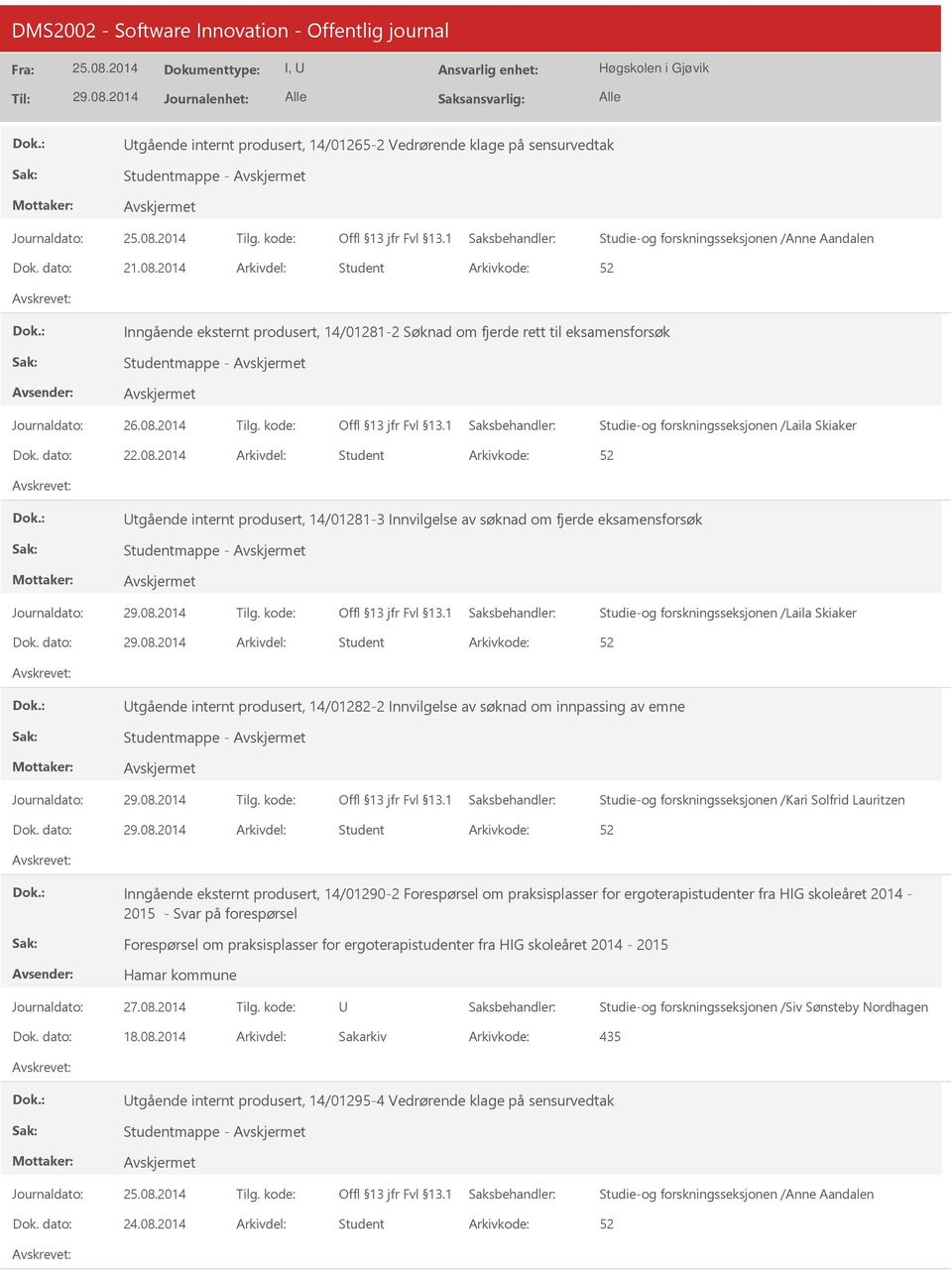 av emne Studentmappe - Inngående eksternt produsert, 14/01290-2 Forespørsel om praksisplasser for ergoterapistudenter fra HIG skoleåret 2014-2015 - Svar på forespørsel Forespørsel om praksisplasser