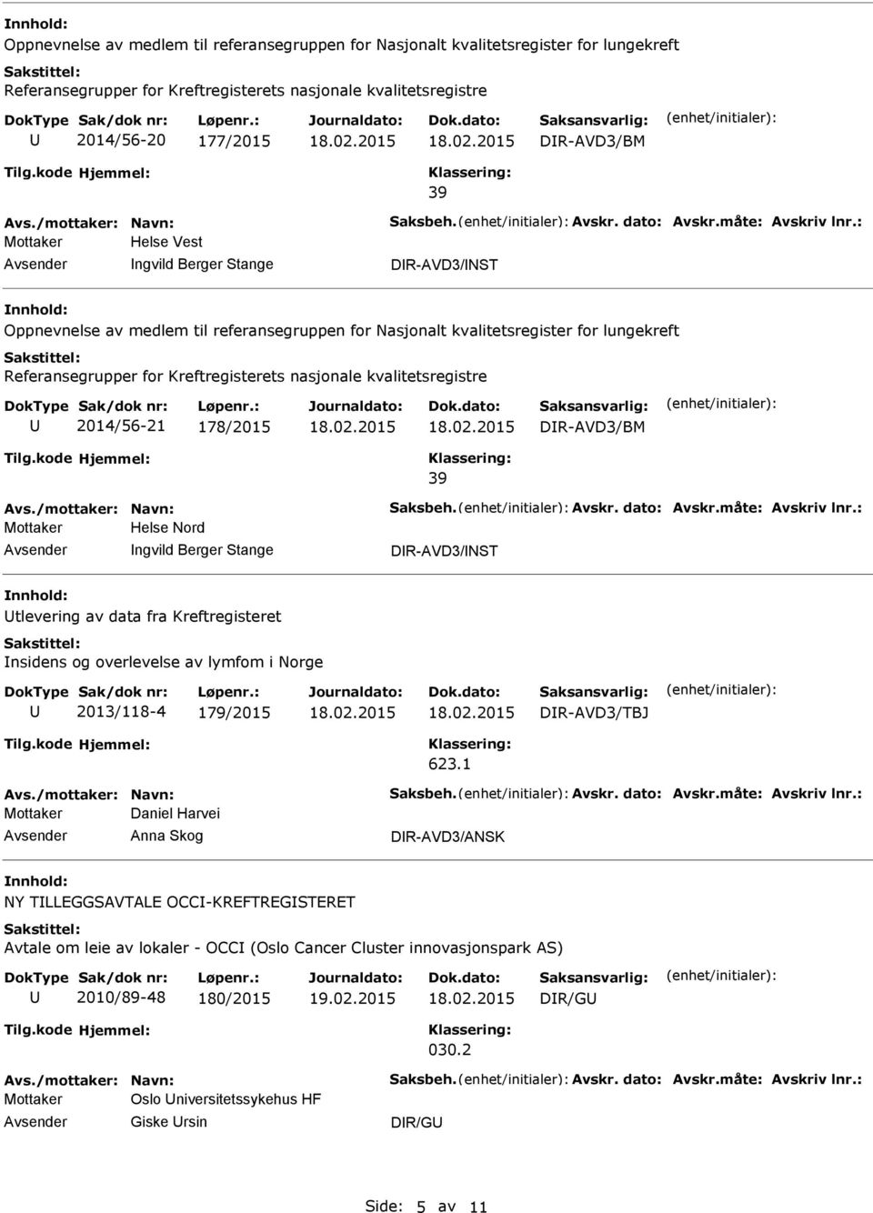 2014/56-21 178/2015 DR-AVD3/BM 39 Mottaker Helse Nord ngvild Berger Stange DR-AVD3/NST tlevering av data fra Kreftregisteret nsidens og overlevelse av lymfom i Norge 2013/118-4 179/2015 DR-AVD3/TBJ