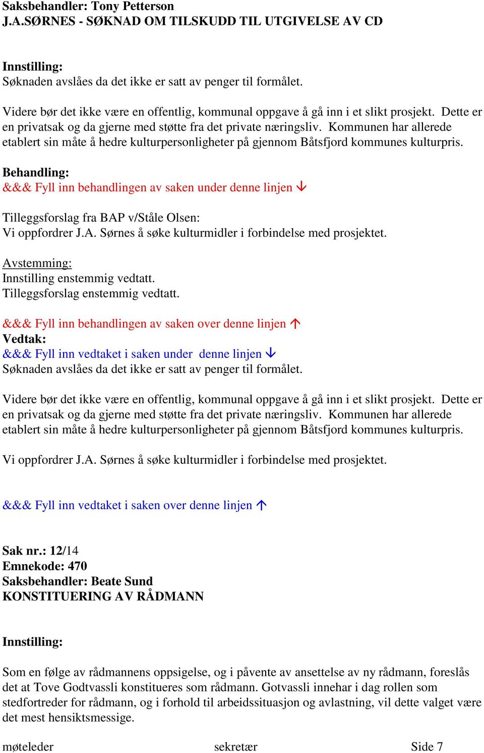 Kommunen har allerede etablert sin måte å hedre kulturpersonligheter på gjennom Båtsfjord kommunes kulturpris. Tilleggsforslag fra BAP v/ståle Olsen: Vi oppfordrer J.A. Sørnes å søke kulturmidler i forbindelse med prosjektet.