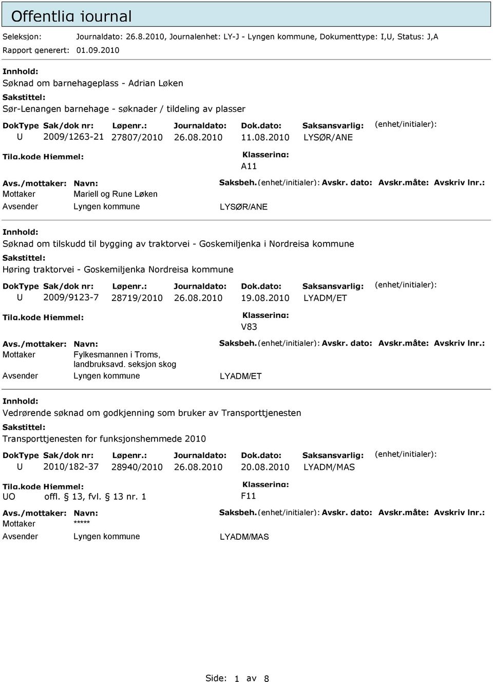 2010 LYSØR/ANE A11 Mariell og Rune Løken LYSØR/ANE Søknad om tilskudd til bygging av traktorvei - Goskemiljenka i Nordreisa kommune Høring traktorvei - Goskemiljenka Nordreisa kommune