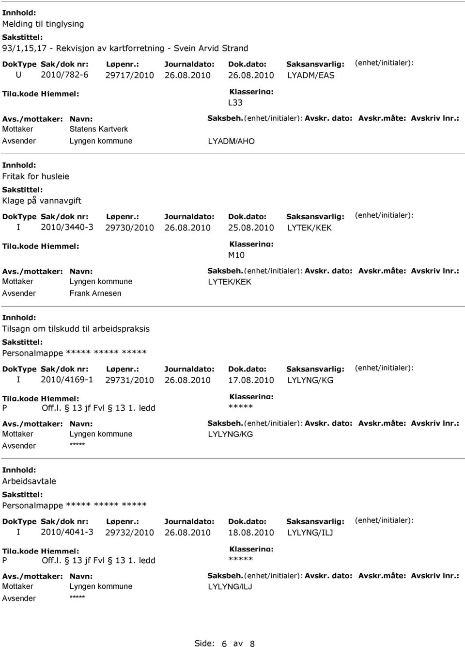 LYTEK/KEK M10 LYTEK/KEK Frank Arnesen Tilsagn om tilskudd til arbeidspraksis ersonalmappe 2010/4169-1