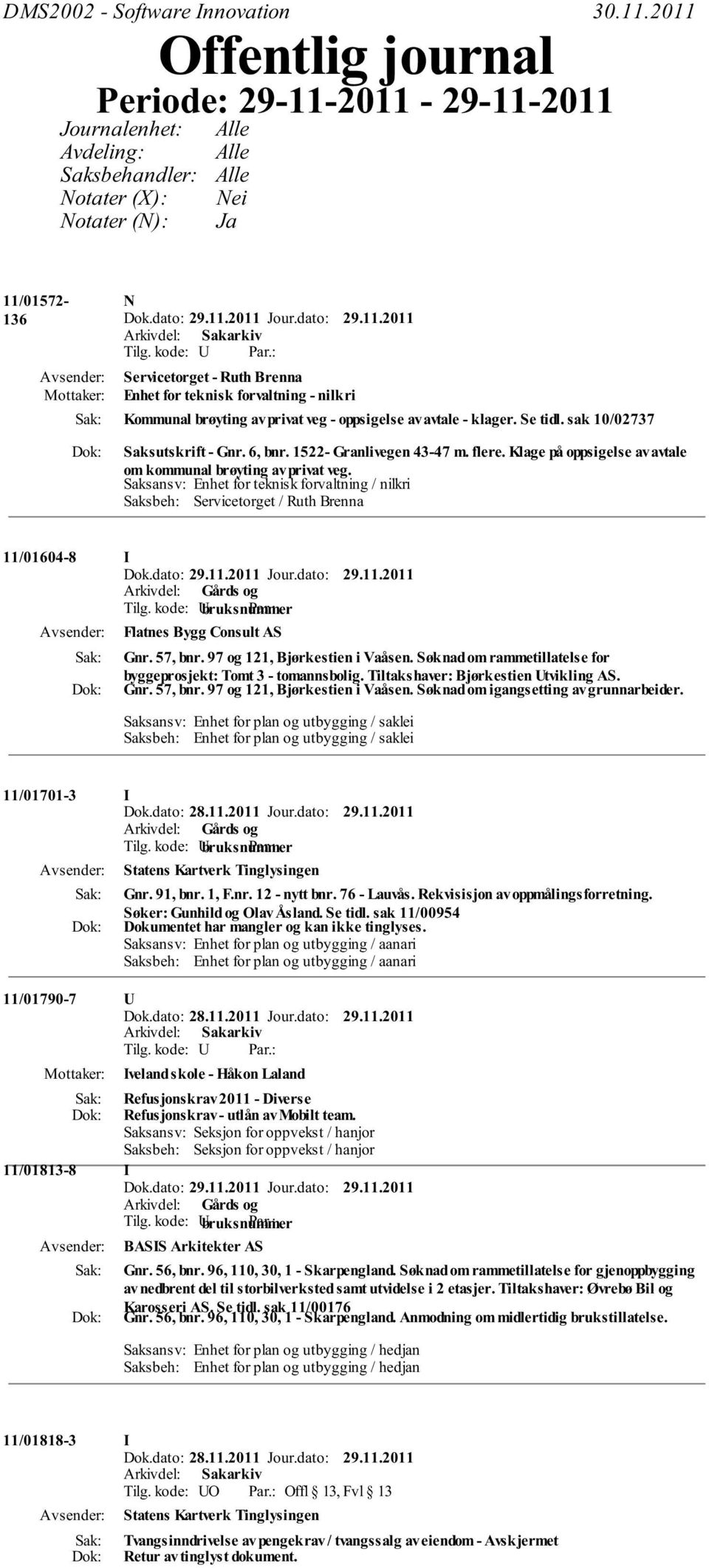 teknisk forvaltning - nilkri Kommunal brøyting av privat veg - oppsigelse av avtale - klager. Se tidl. sak 10/02737 Saksutskrift - Gnr. 6, bnr. 1522- Granlivegen 43-47 m. flere.