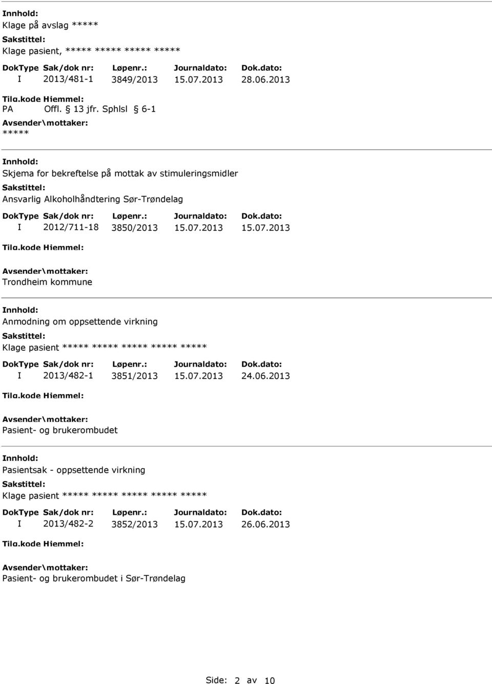2012/711-18 3850/2013 Trondheim kommune Anmodning om oppsettende virkning Klage pasient 2013/482-1 3851/2013
