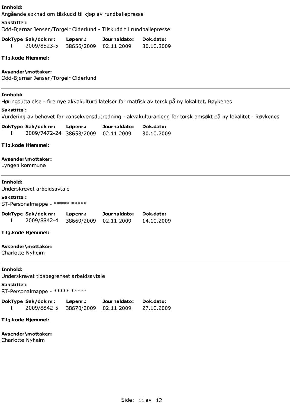 - akvakulturanlegg for torsk omsøkt på ny lokalitet - Røykenes 2009/7472-24 38658/2009 Lyngen kommune nderskrevet arbeidsavtale ST-Personalmappe - ***** *****