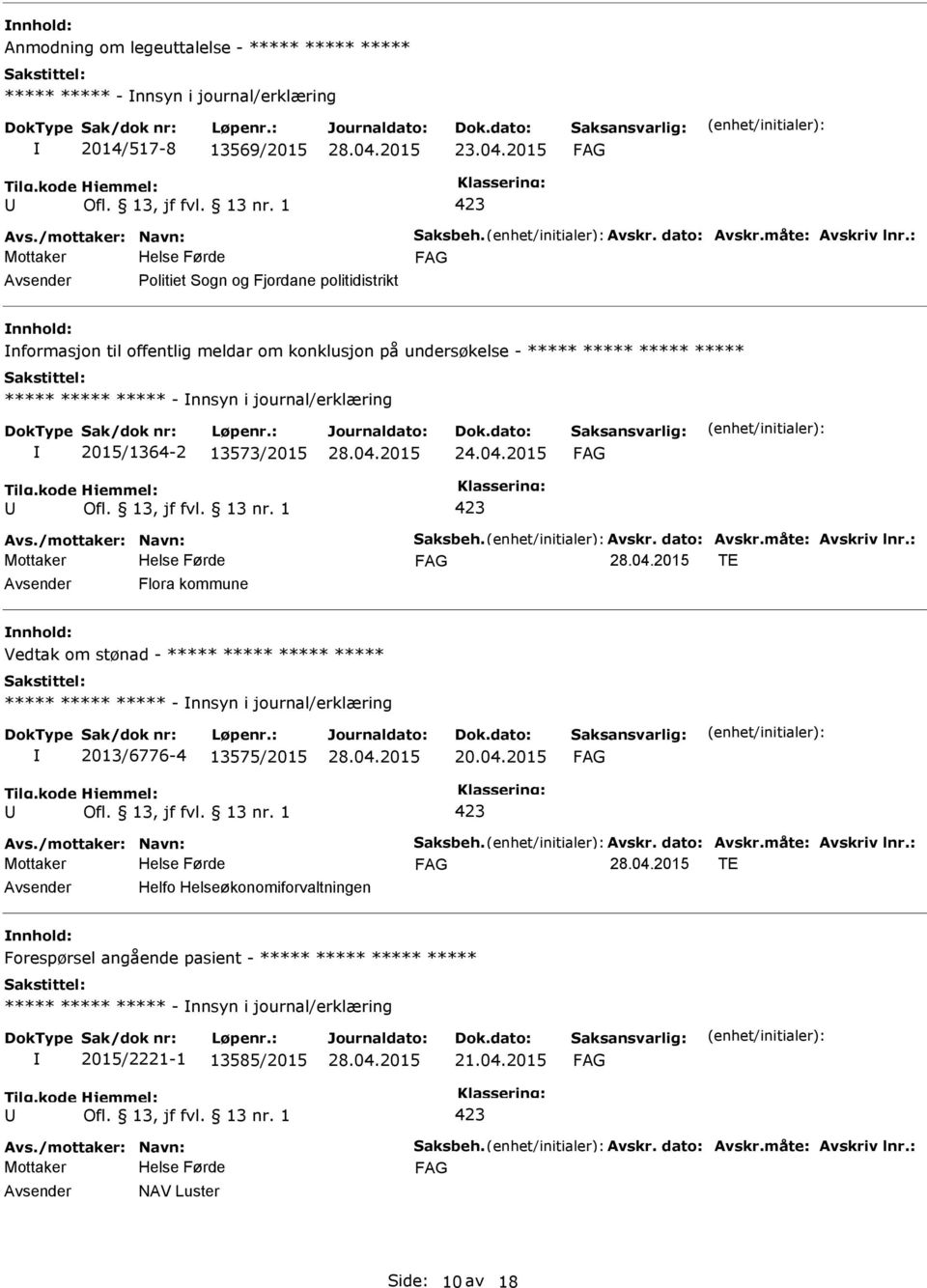 24.04.2015 Avs./mottaker: Navn: Saksbeh. Avskr. dato: Avskr.måte: Avskriv lnr.