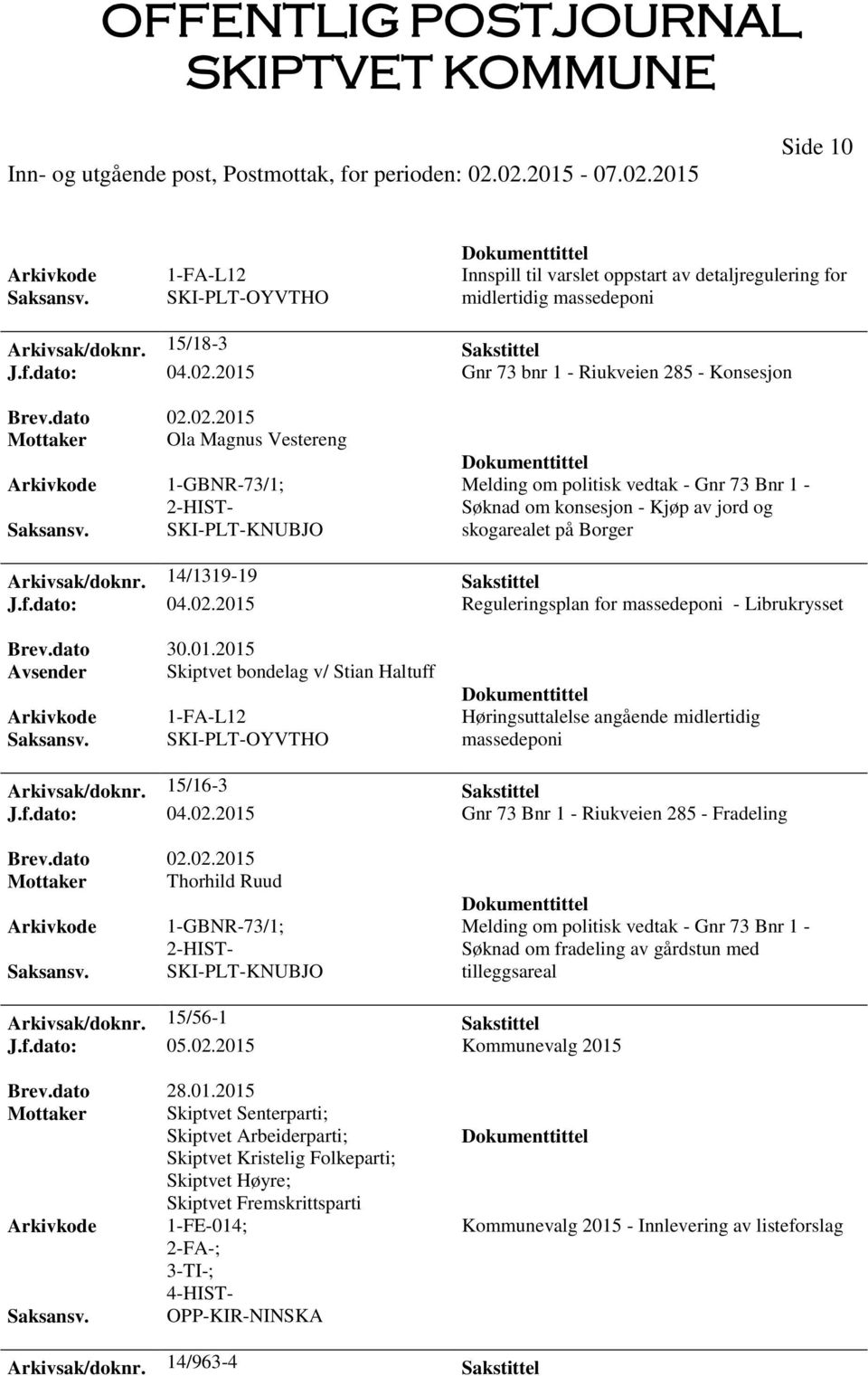 02.2015 Mottaker Ola Magnus Vestereng 1-GBNR-73/1; SKI-PLT-KNUBJO Melding om politisk vedtak - Gnr 73 Bnr 1 - Søknad om konsesjon - Kjøp av jord og skogarealet på Borger Arkivsak/doknr.