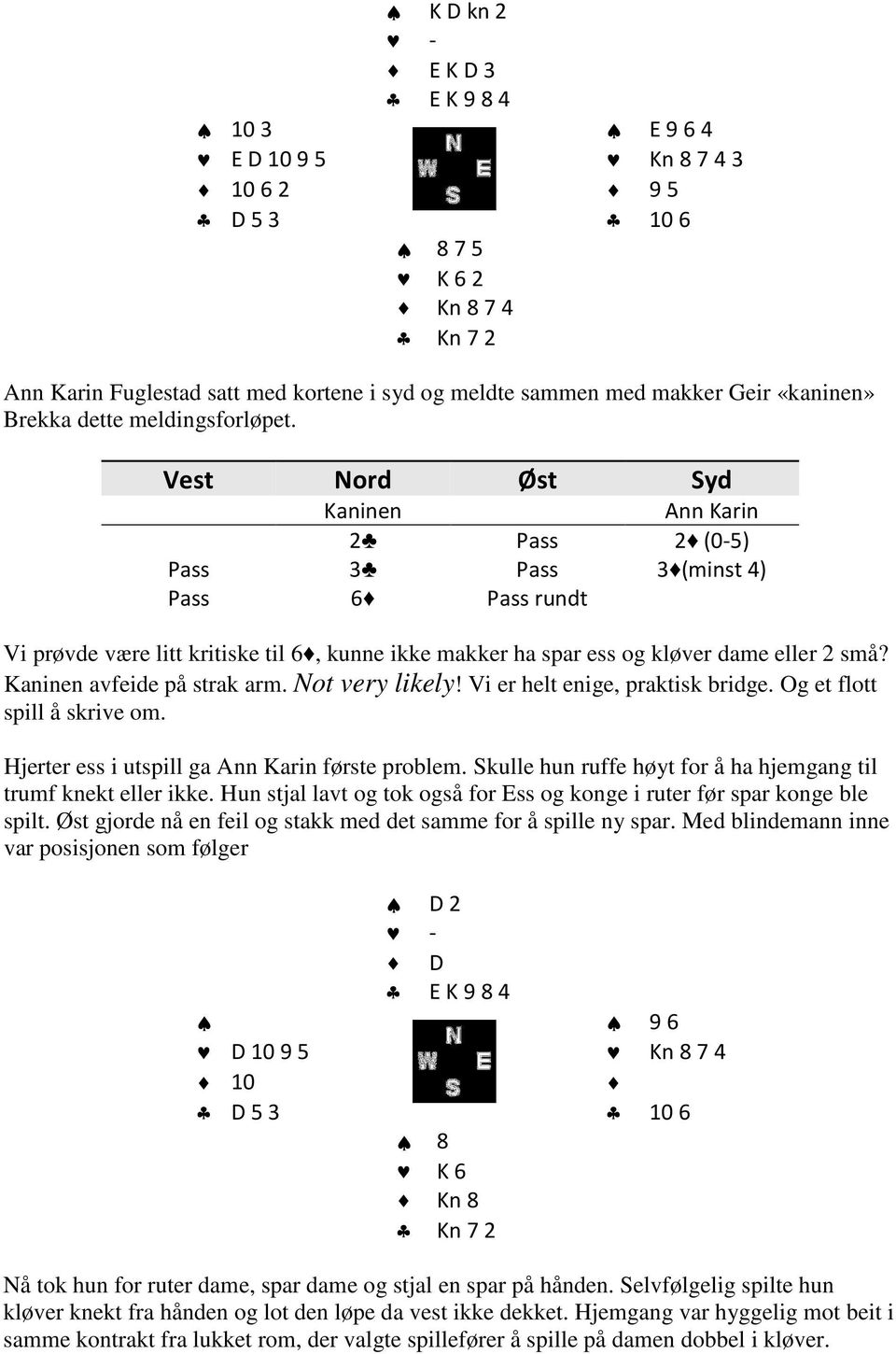 Kaninen avfeide på strak arm. Not very likely! Vi er helt enige, praktisk bridge. Og et flott spill å skrive om. Hjerter ess i utspill ga Ann Karin første problem.