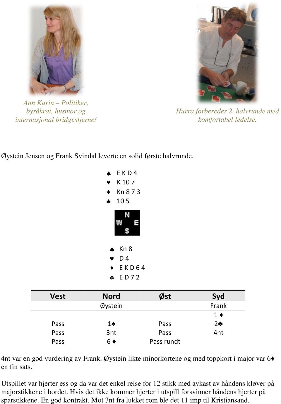 E K D 4 K 10 7 Kn 8 7 3 10 5 Kn 8 D 4 E K D 6 4 E D 7 2 Øystein Frank 1 Pass 1 Pass 2 Pass 3nt Pass 4nt Pass 6 Pass rundt 4nt var en god vurdering av Frank.