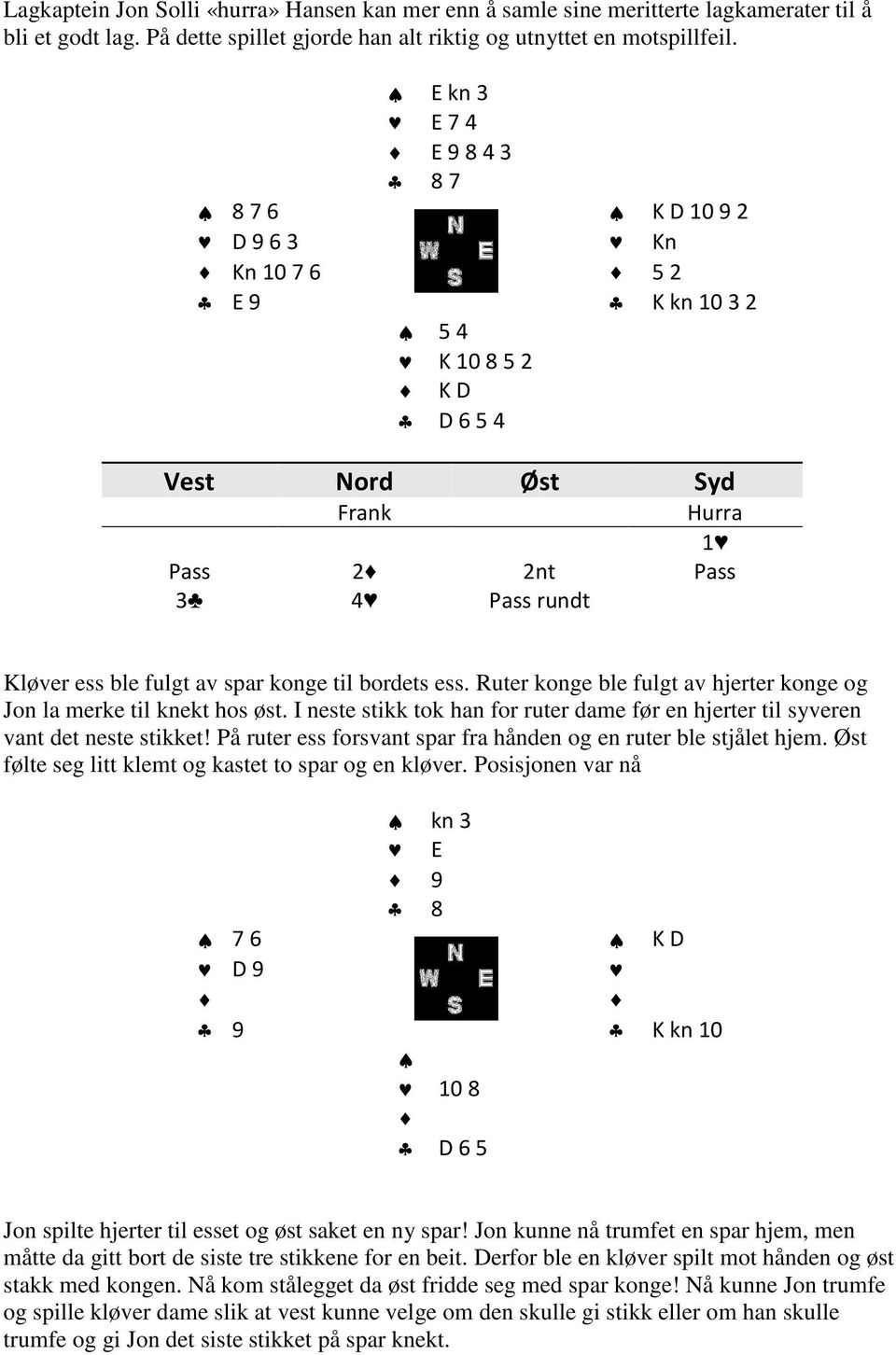 Ruter konge ble fulgt av hjerter konge og Jon la merke til knekt hos øst. I neste stikk tok han for ruter dame før en hjerter til syveren vant det neste stikket!
