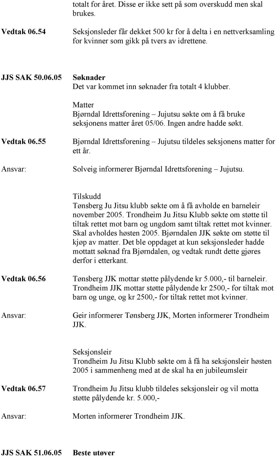 55 Bjørndal Idrettsforening Jujutsu tildeles seksjonens matter for ett år. Solveig informerer Bjørndal Idrettsforening Jujutsu.