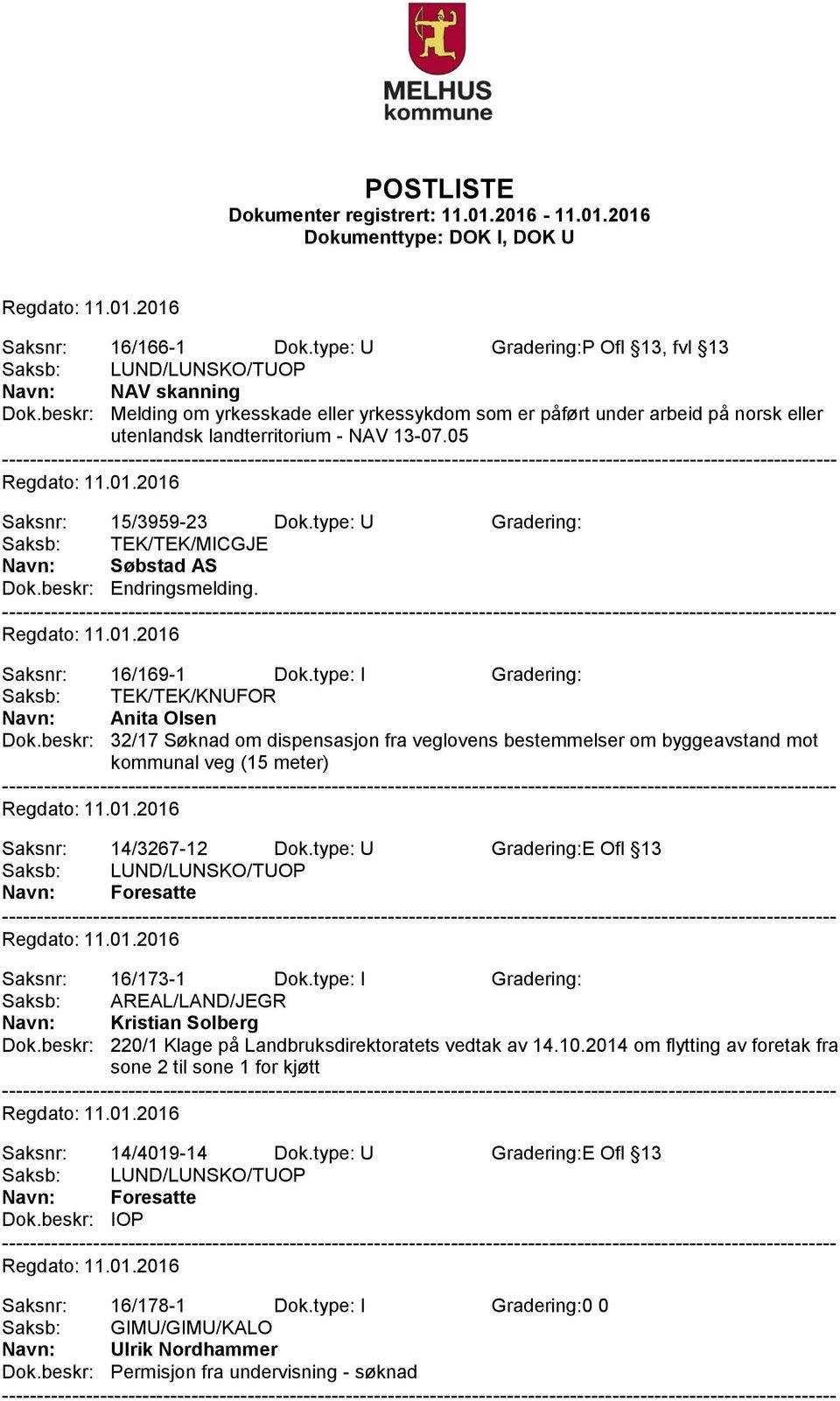 type: U Gradering: Saksb: TEK/TEK/MICGJE Navn: Søbstad AS Dok.beskr: Endringsmelding. Saksnr: 16/169-1 Dok.type: I Gradering: Saksb: TEK/TEK/KNUFOR Navn: Anita Olsen Dok.