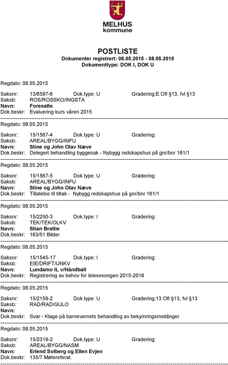 beskr: Tillatelse til tiltak - Nybygg redskapshus på gnr/bnr 161/1 Saksnr: 15/2250-3 Dok.type: I Gradering: Saksb: TEK/TEK/OLKV Navn: Stian Bratlie Dok.beskr: 163/51 Bilder Saksnr: 15/1545-17 Dok.