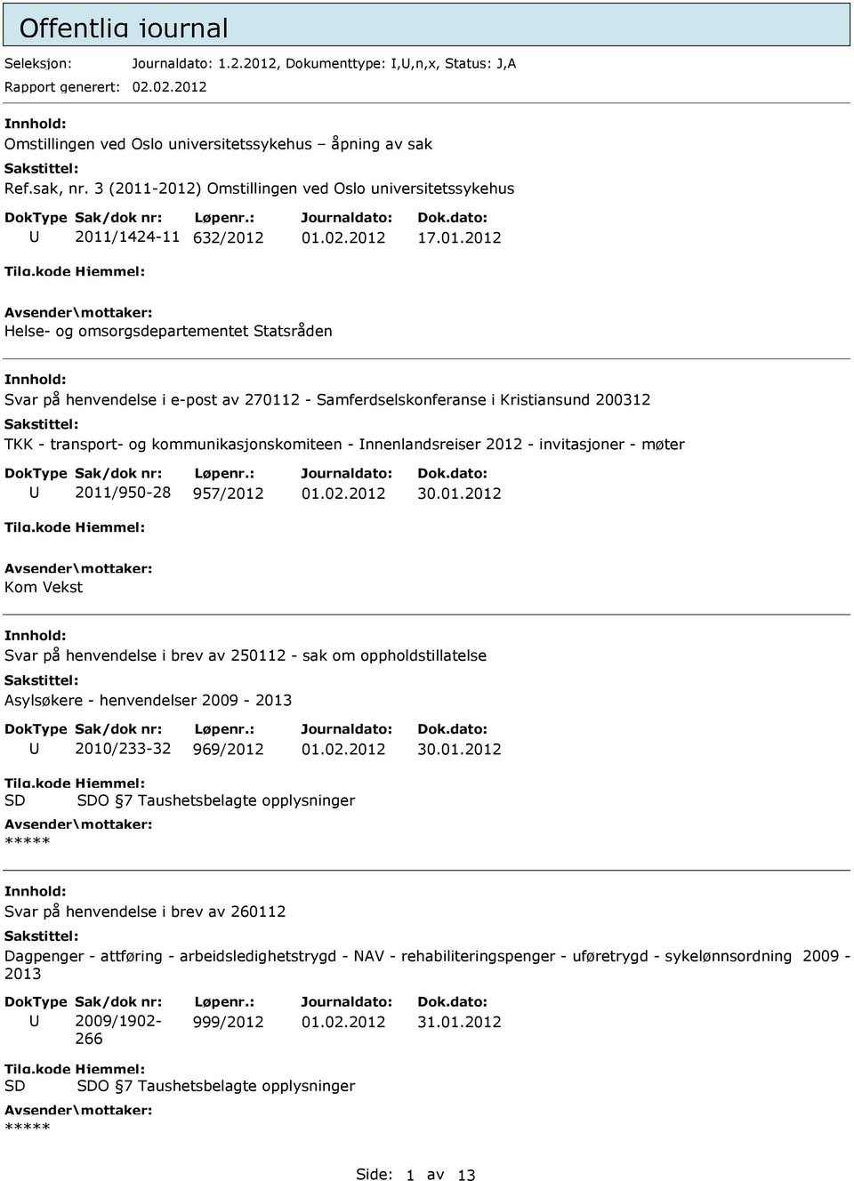 -2012) Omstillingen ved Oslo universitetssykehus 2011/1424-11 632/2012 17.01.2012 Helse- og omsorgsdepartementet Statsråden Svar på henvendelse i e-post av 270112 - Samferdselskonferanse i