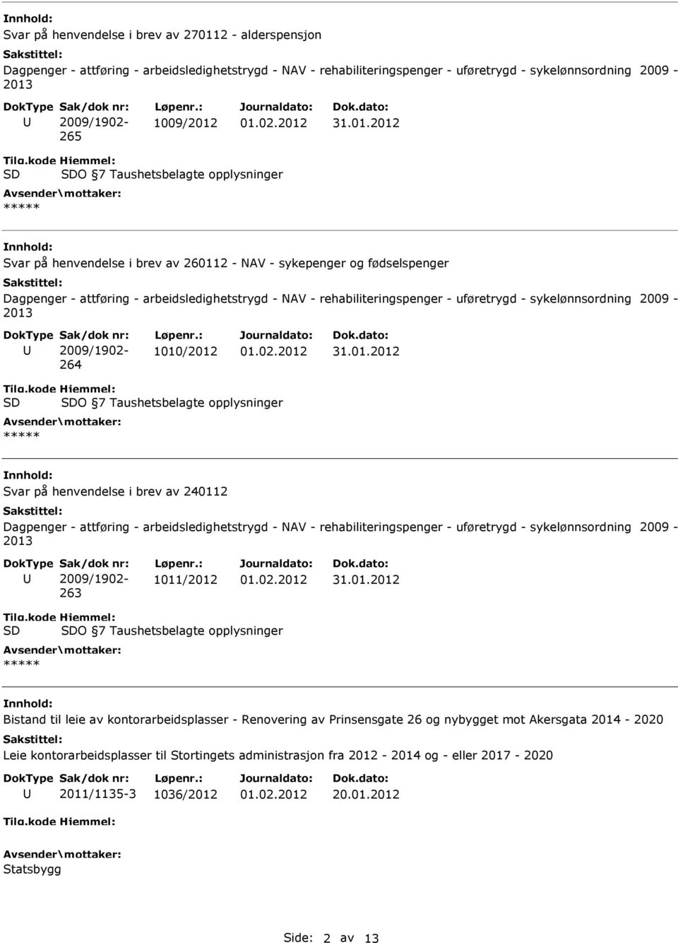 : 1009/2012 O 7 Taushetsbelagte opplysninger Svar på henvendelse i brev av 260112 - NAV - sykepenger og fødselspenger Dagpenger - attføring - arbeidsledighetstrygd - NAV - rehabiliteringspenger -