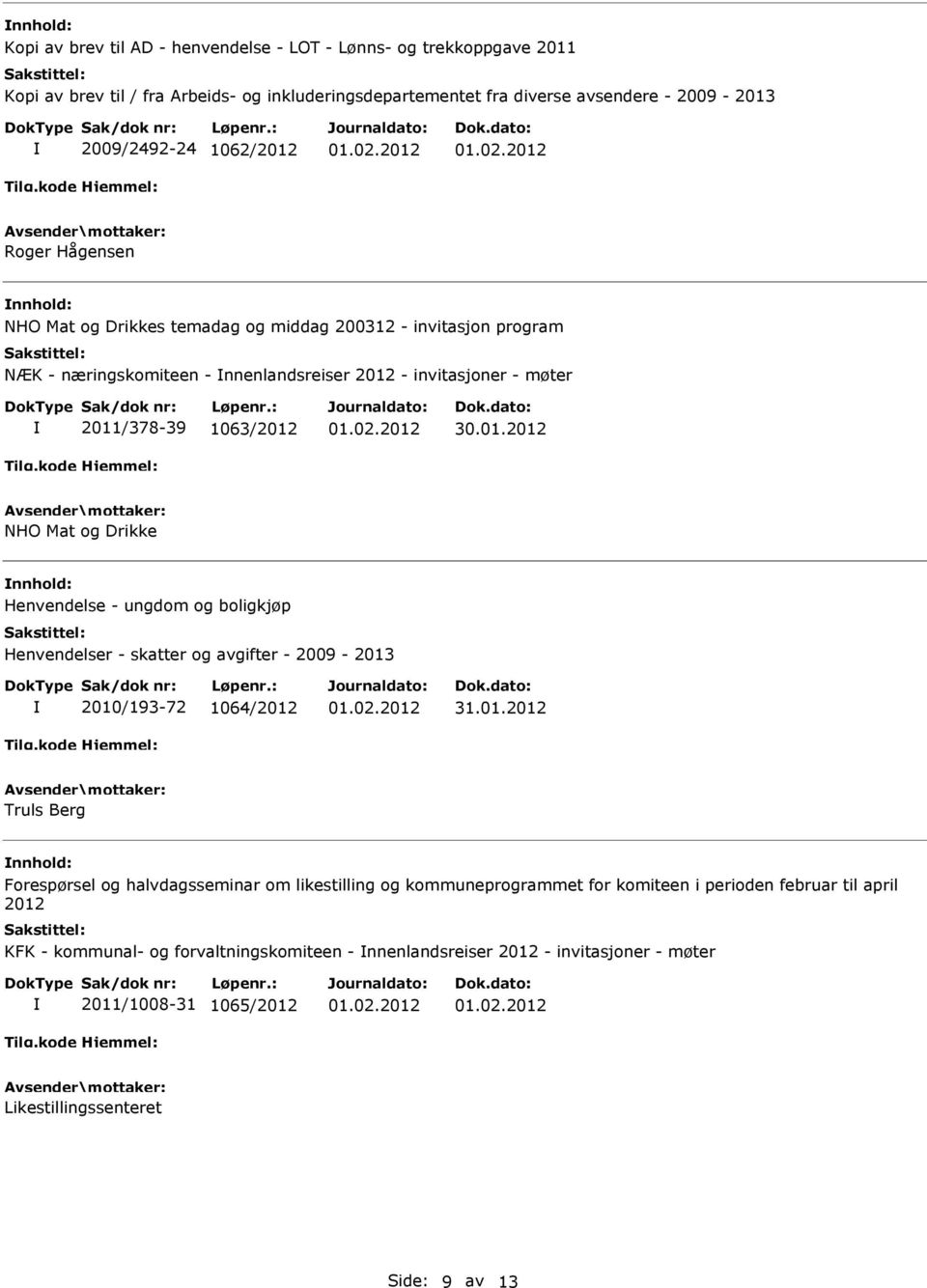 Henvendelse - ungdom og boligkjøp Henvendelser - skatter og avgifter - 2009-2013 2010/193-72 1064/2012 Truls Berg Forespørsel og halvdagsseminar om likestilling og kommuneprogrammet for