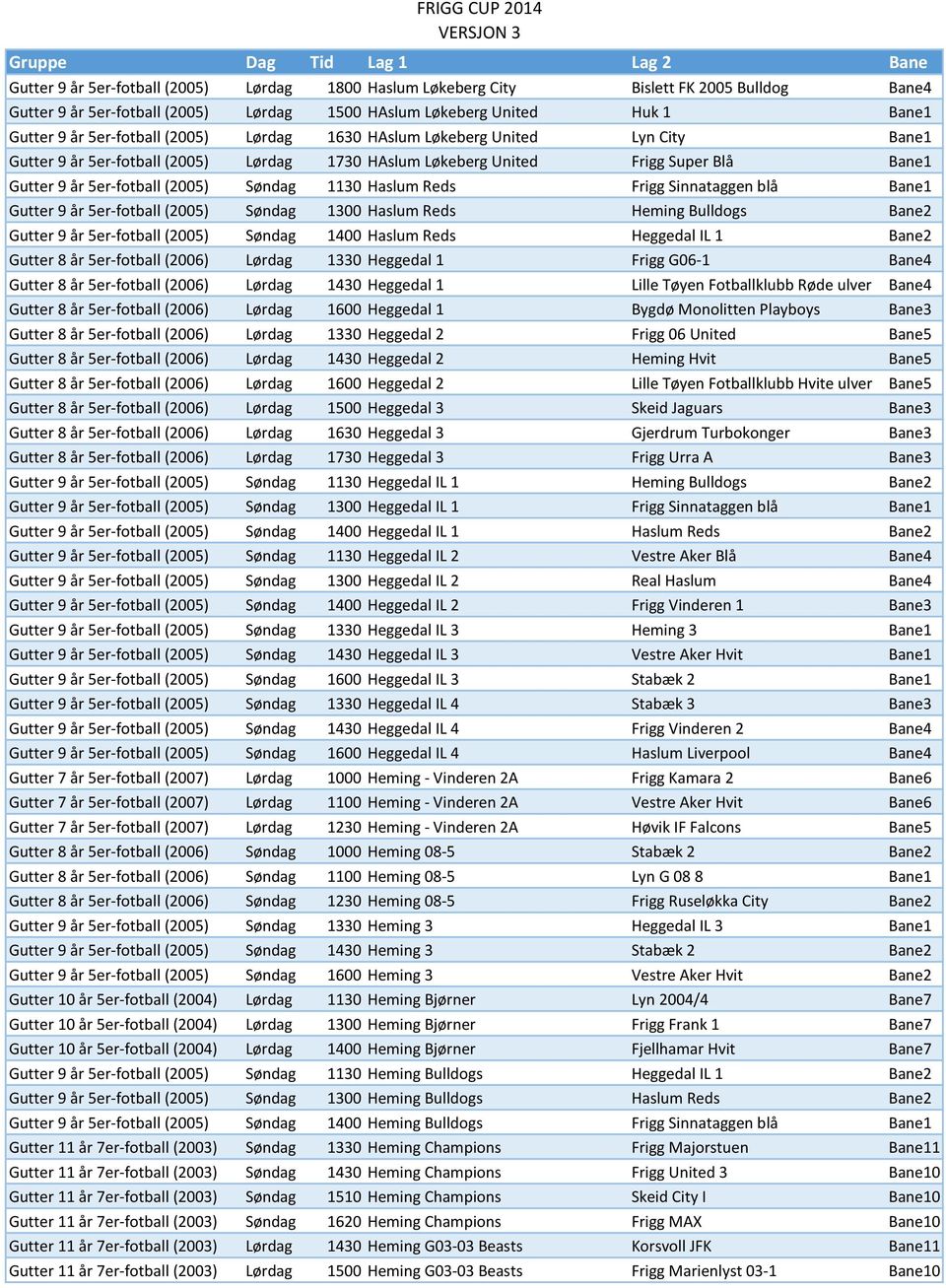 Frigg Sinnataggen blå Bane1 Gutter 9 år 5er-fotball (2005) Søndag 1300 Haslum Reds Heming Bulldogs Bane2 Gutter 9 år 5er-fotball (2005) Søndag 1400 Haslum Reds Heggedal IL 1 Bane2 Gutter 8 år